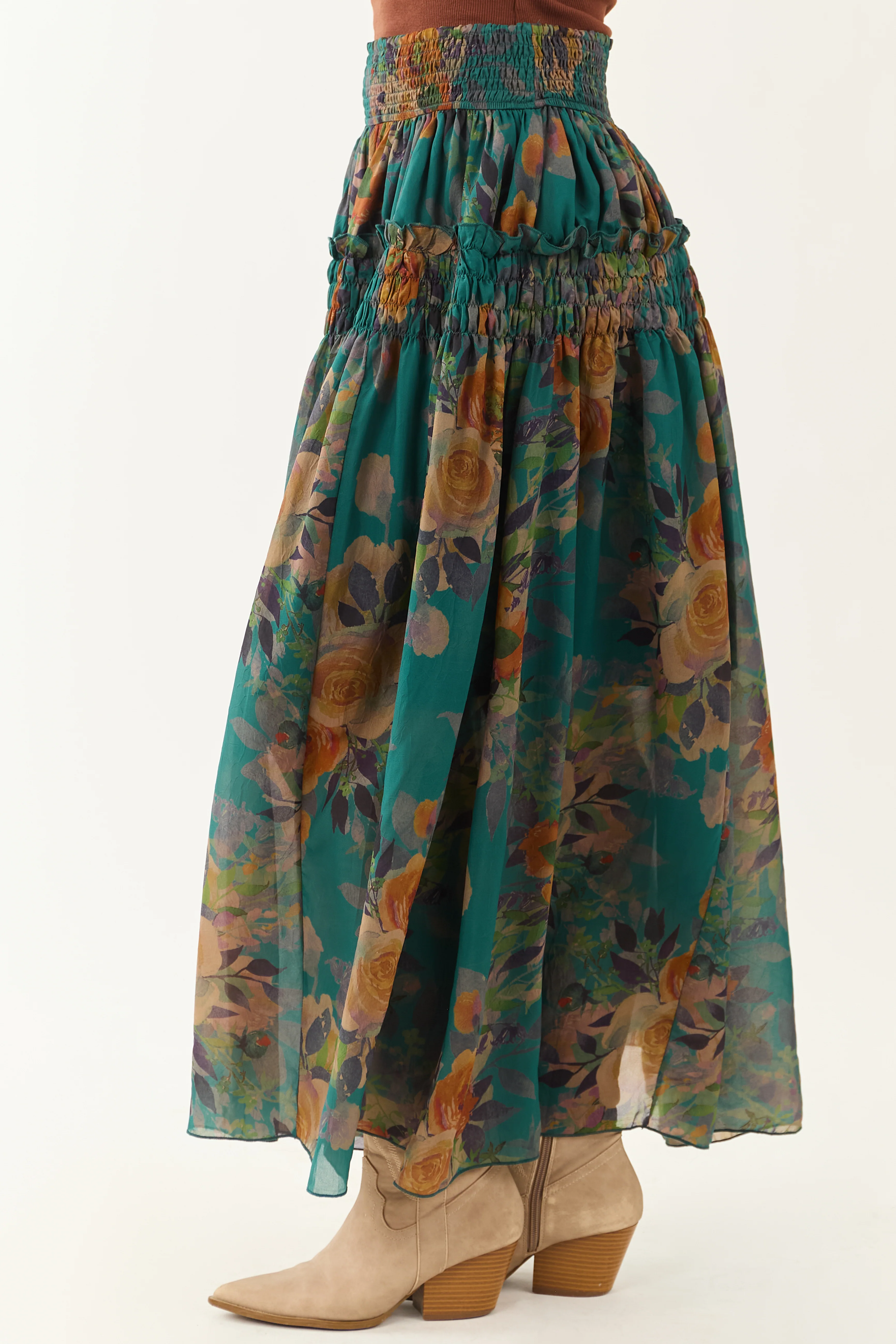 Pine Floral Print Smocked Waist Maxi Skirt - Image 5