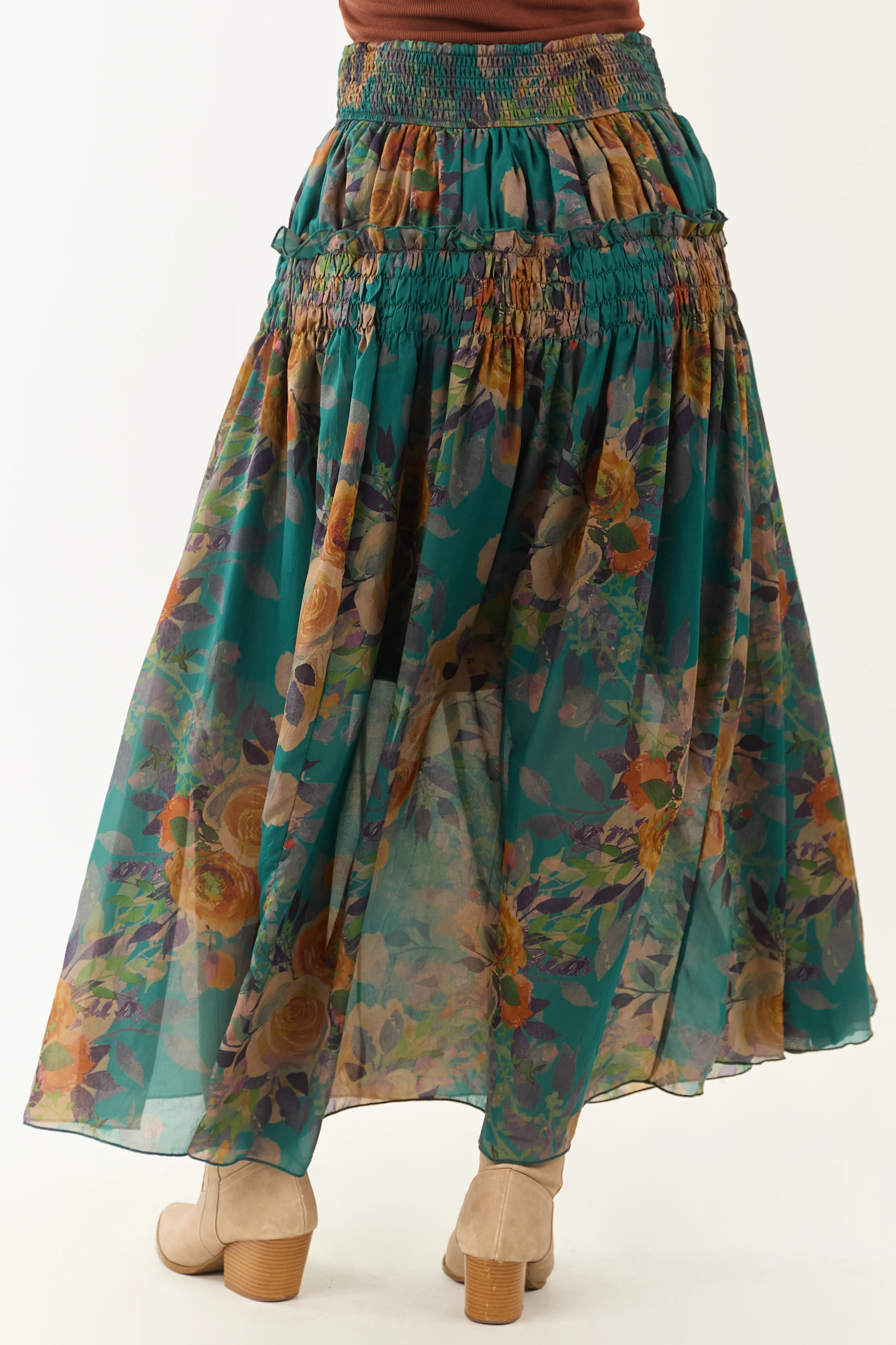 Pine Floral Print Smocked Waist Maxi Skirt - Image 6