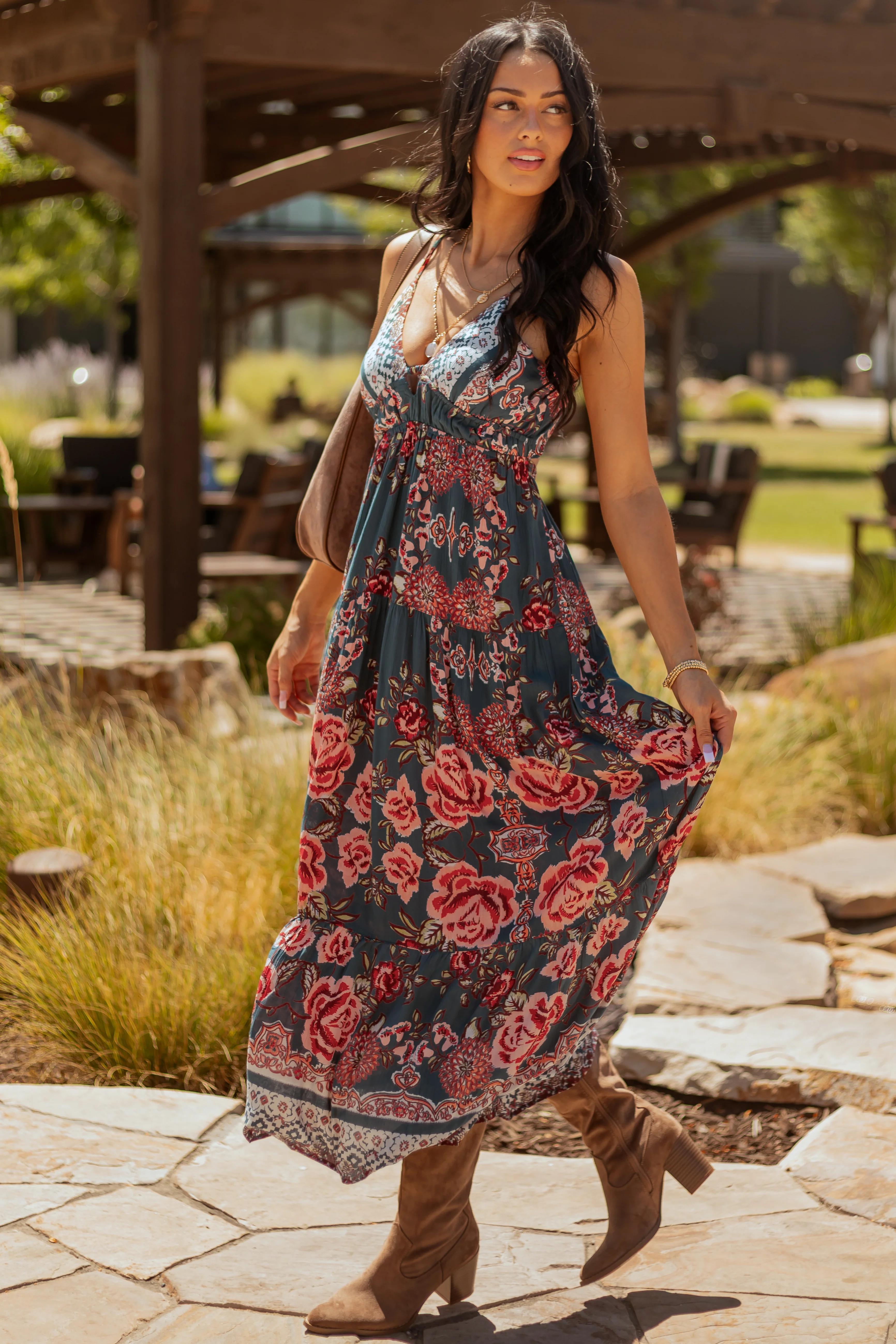 Pine Floral Print V Neck Sleeveless Maxi Dress - Image 2