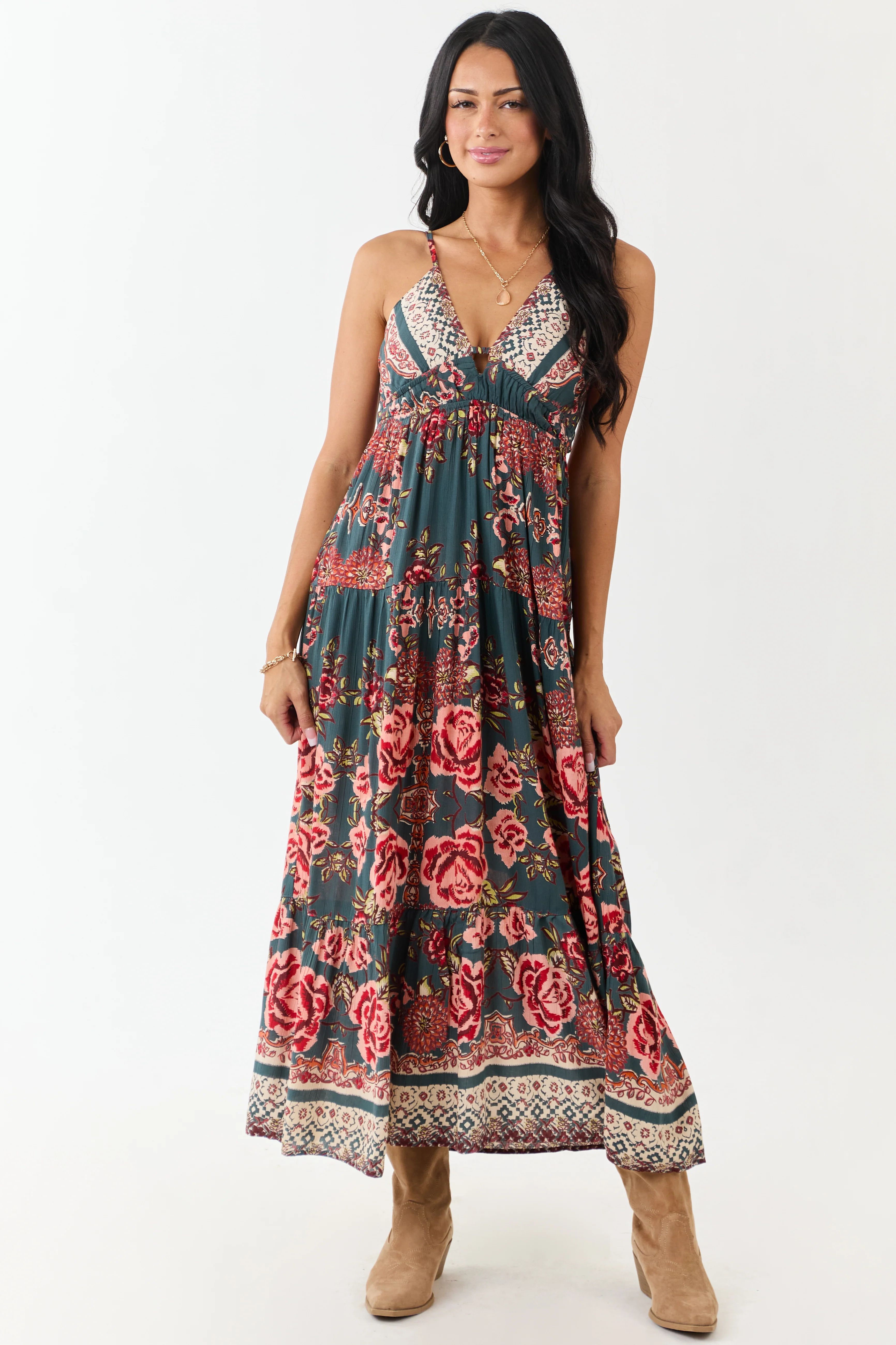 Pine Floral Print V Neck Sleeveless Maxi Dress - Image 3
