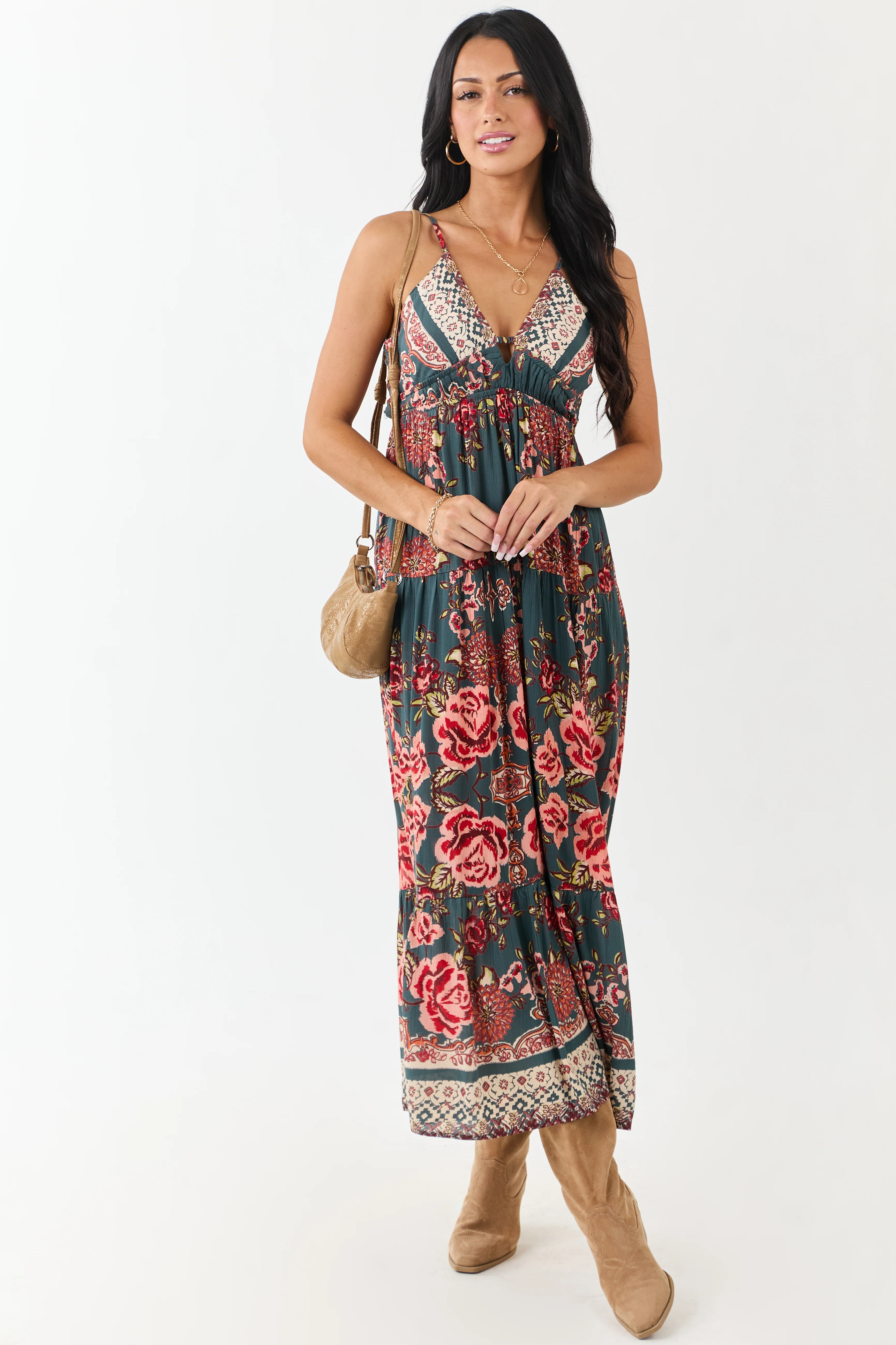 Pine Floral Print V Neck Sleeveless Maxi Dress - Image 4