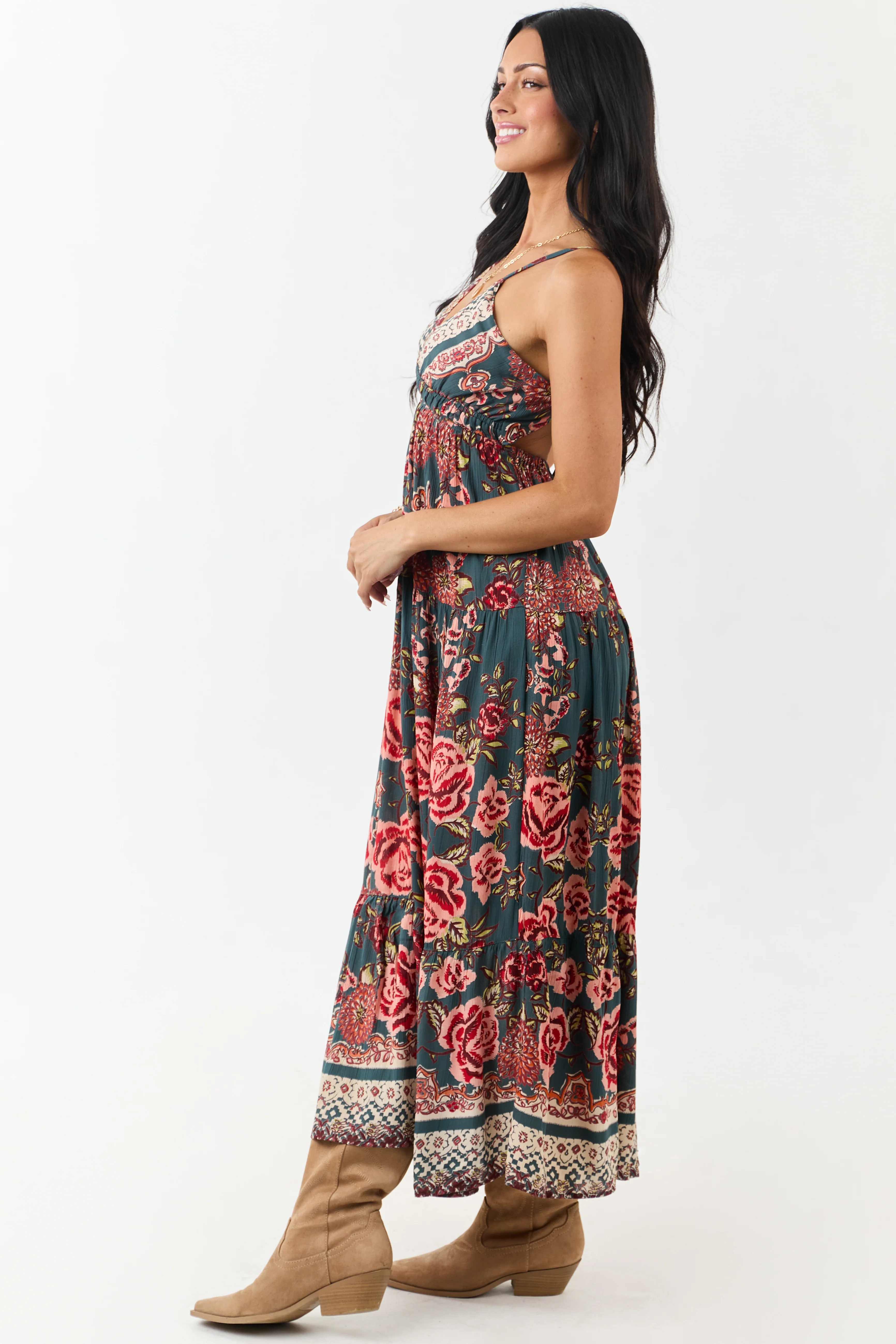 Pine Floral Print V Neck Sleeveless Maxi Dress - Image 5