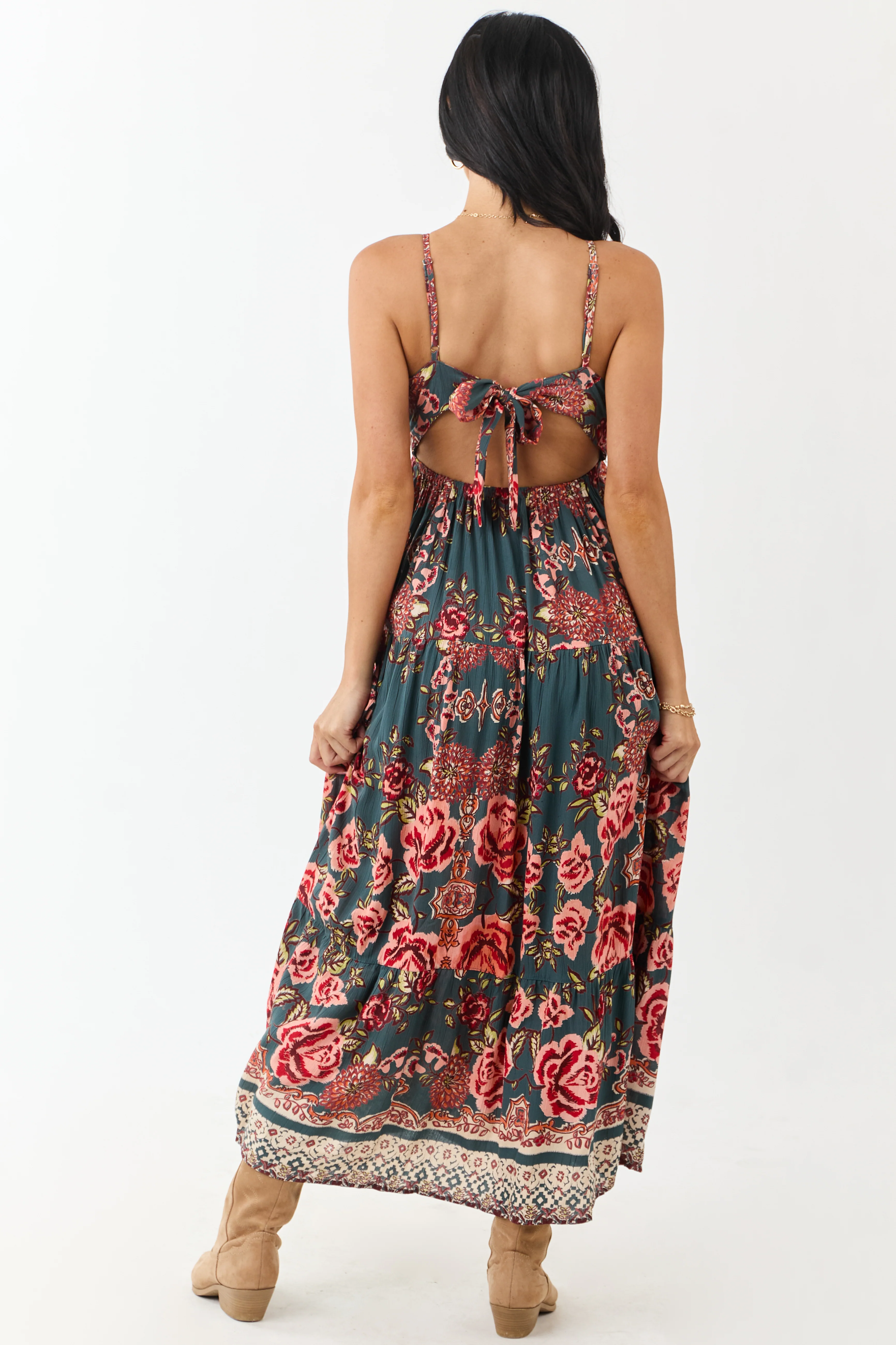 Pine Floral Print V Neck Sleeveless Maxi Dress - Image 6