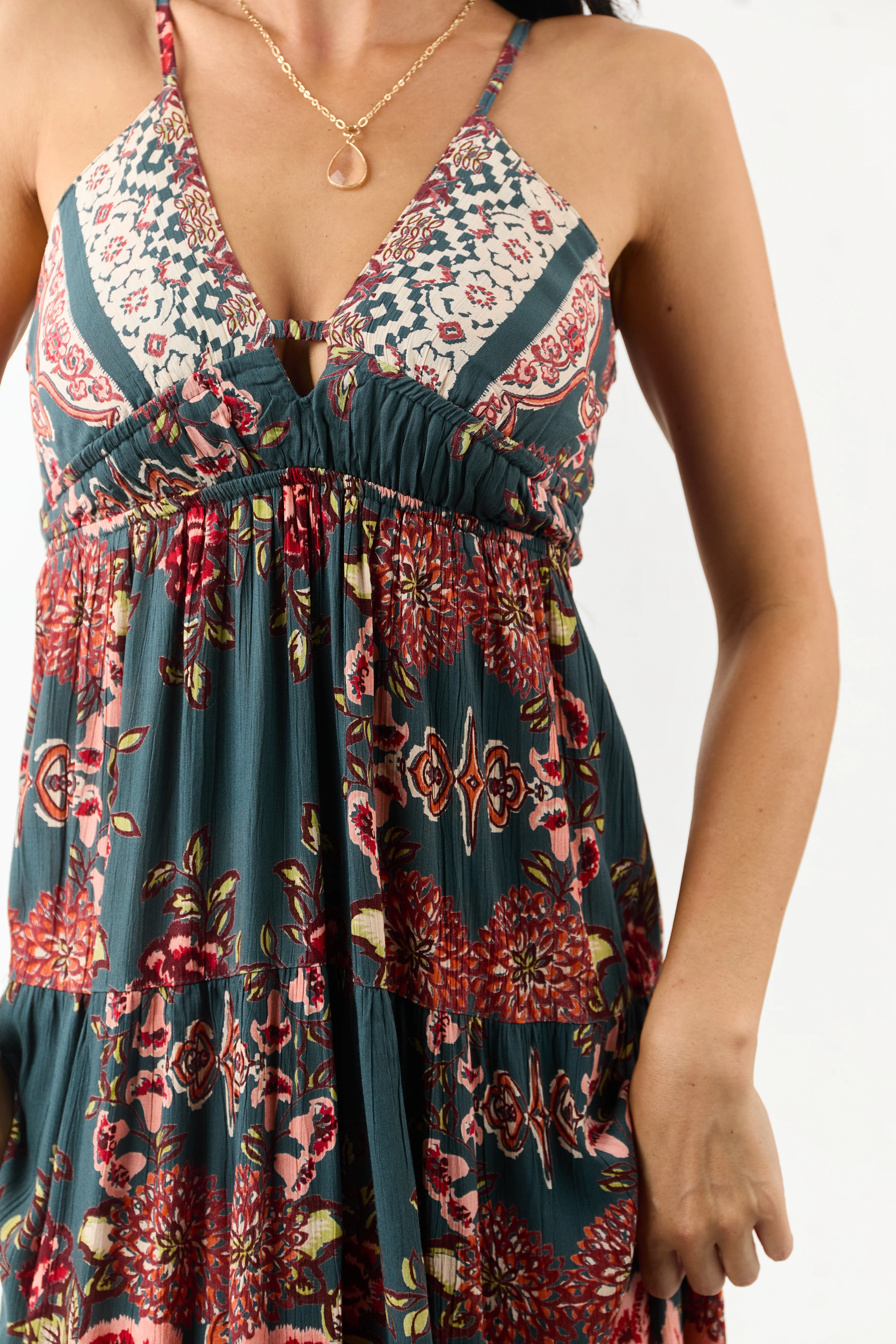 Pine Floral Print V Neck Sleeveless Maxi Dress - Image 7