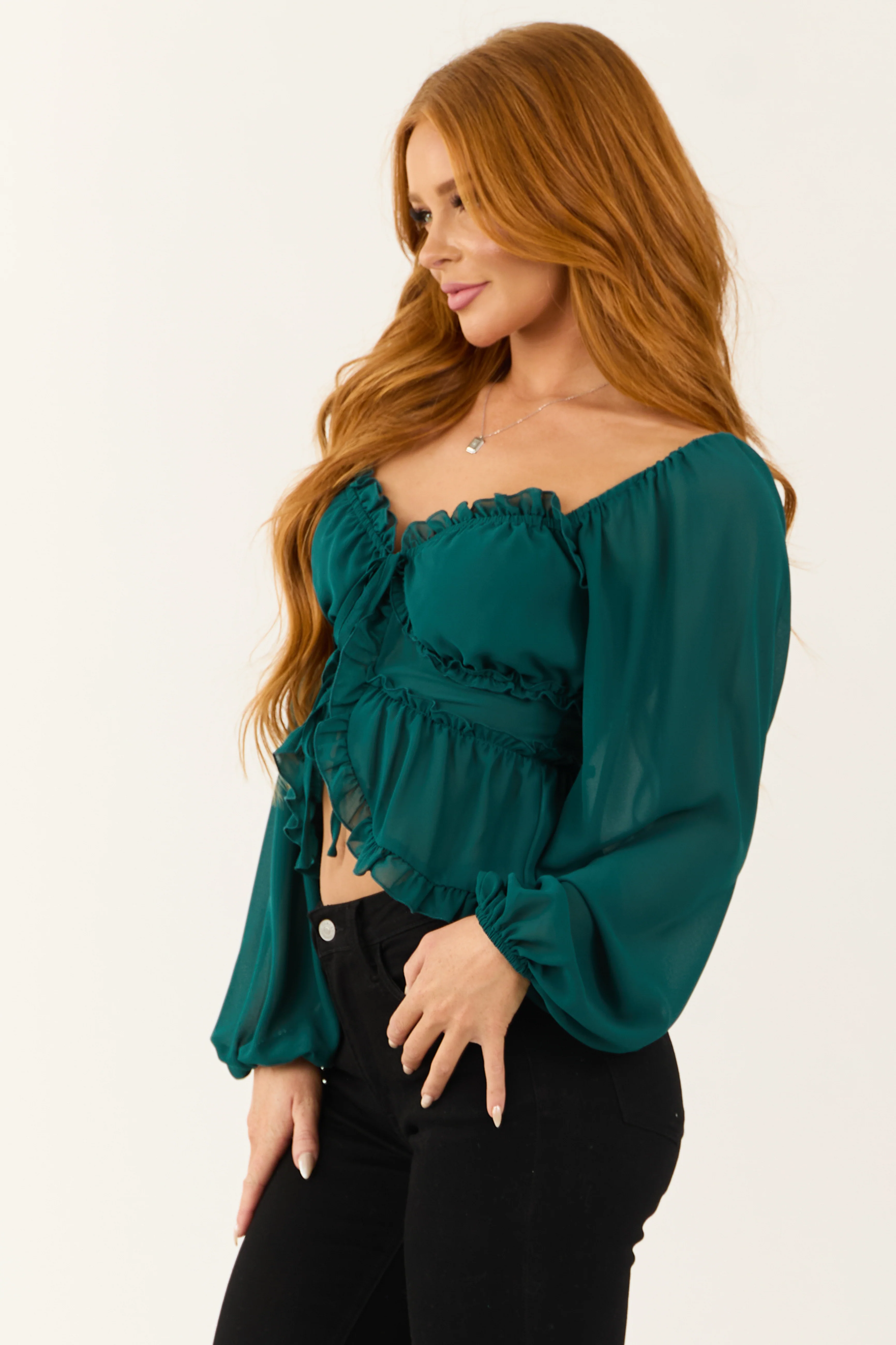 Pine Front Tie Long Bubble Sleeve Frill Trim Blouse - Image 5