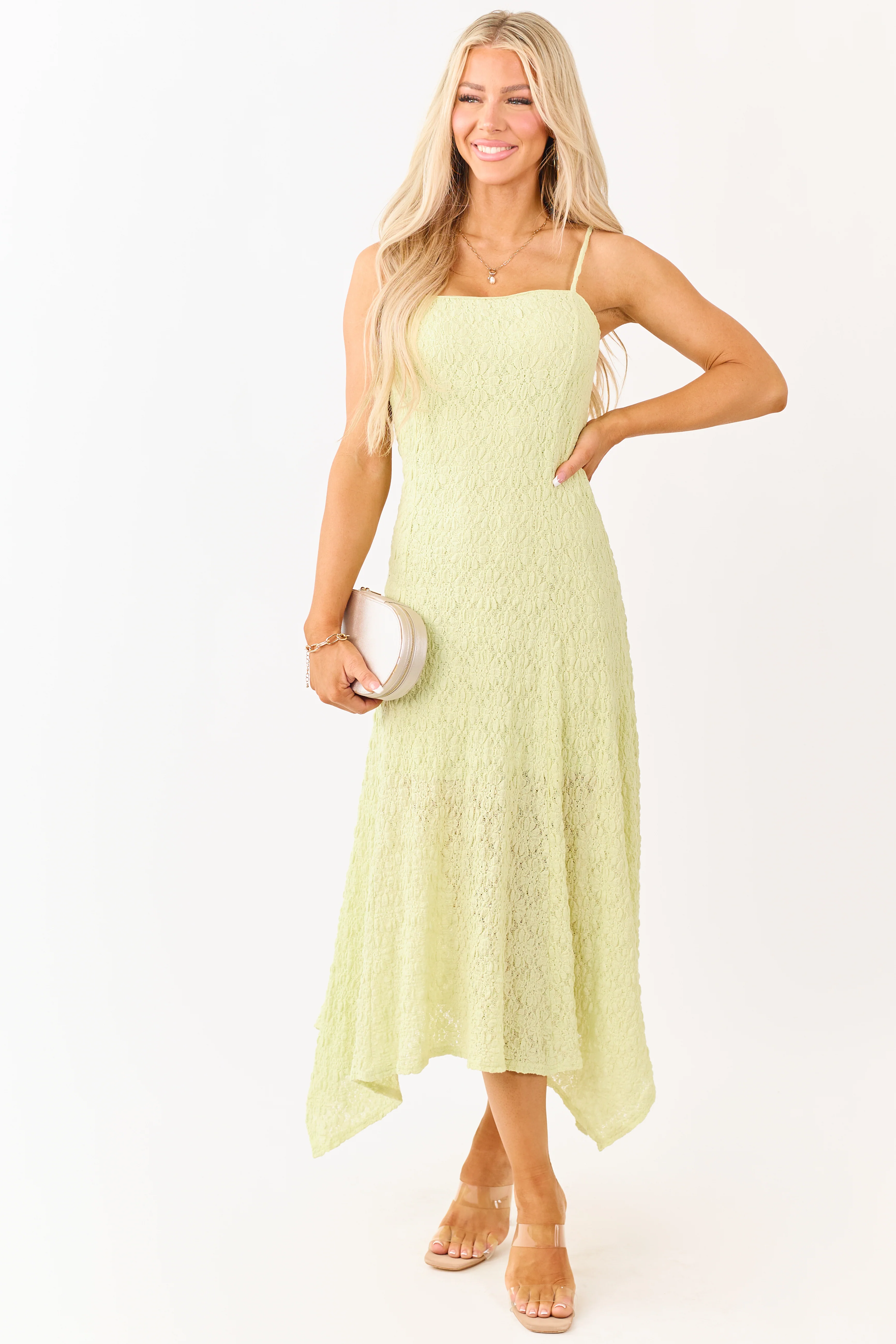 Pistachio Floral Lace Handkerchief Hem Midi Dress - Image 4