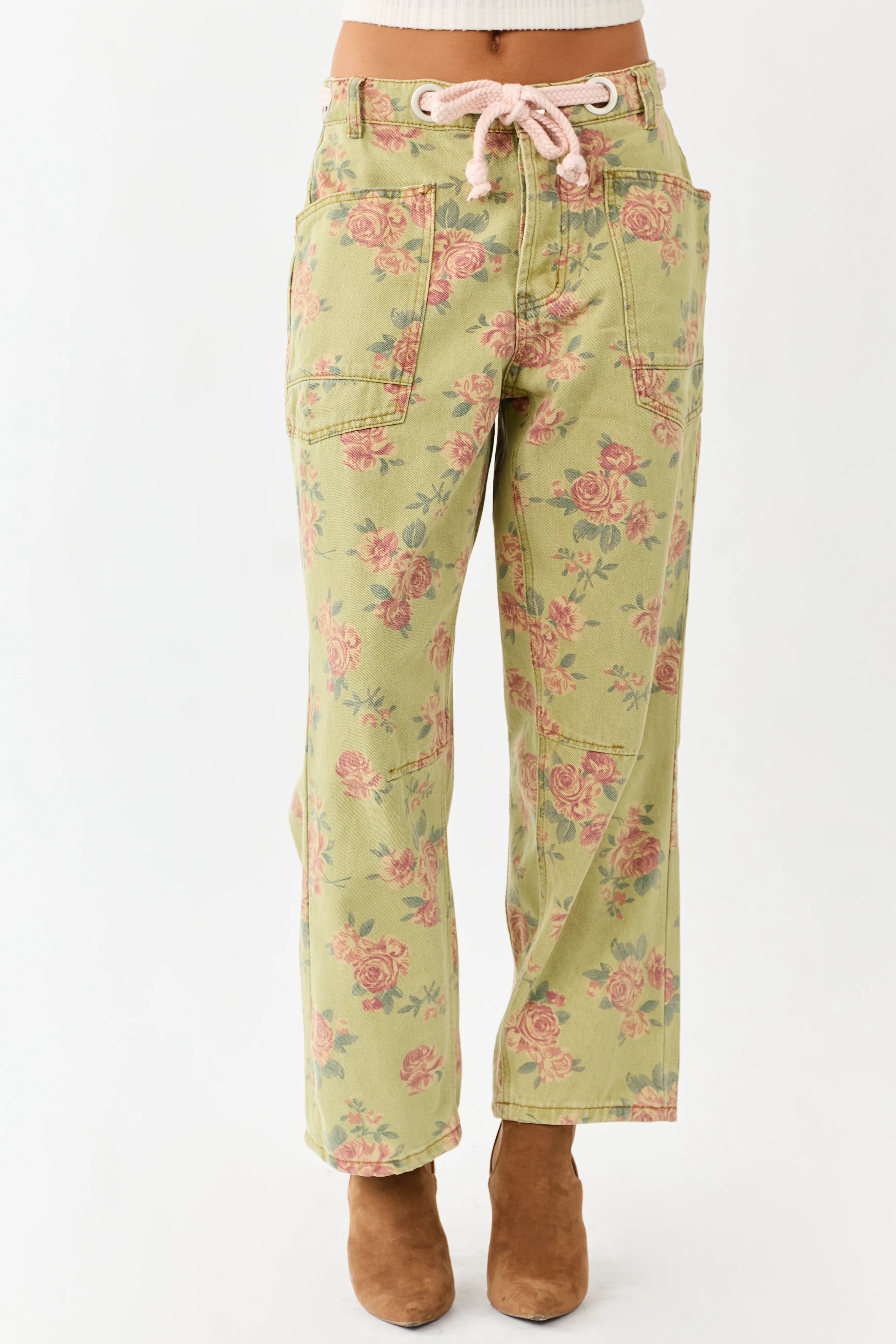 Pistachio Rose Print Rope Waist Belt Wide Denim Pants - Image 4