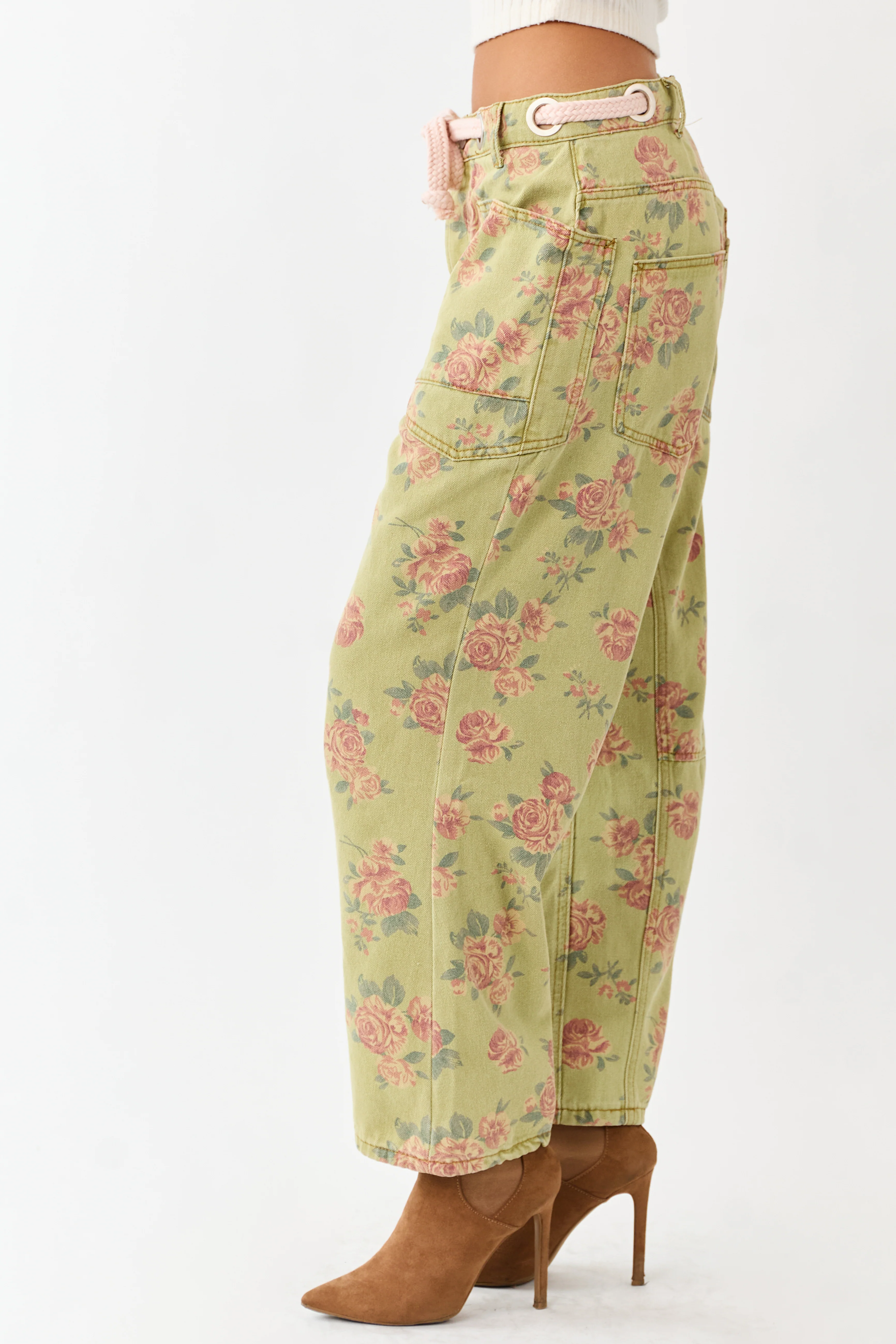 Pistachio Rose Print Rope Waist Belt Wide Denim Pants - Image 5