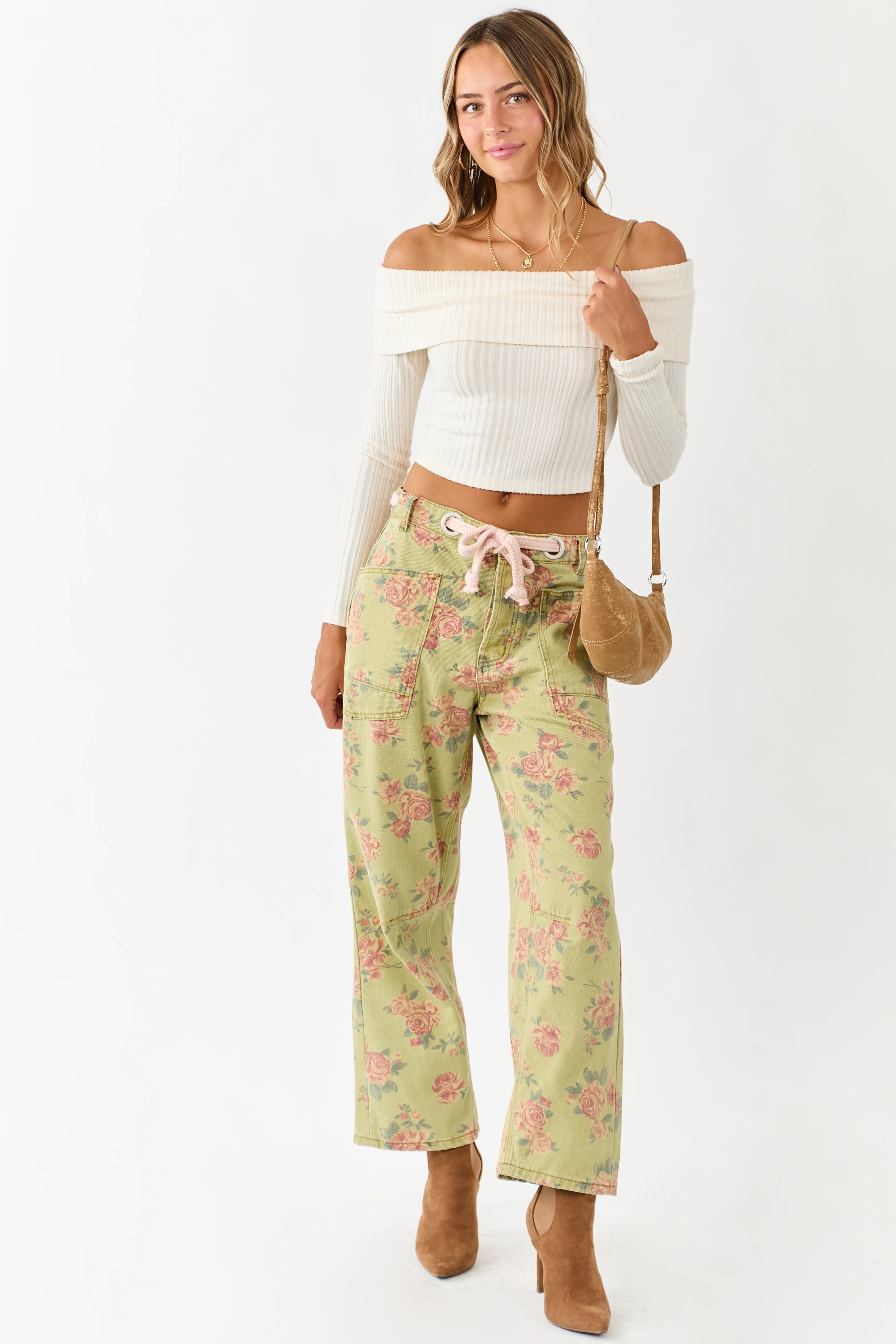 Pistachio Rose Print Rope Waist Belt Wide Denim Pants - Image 7
