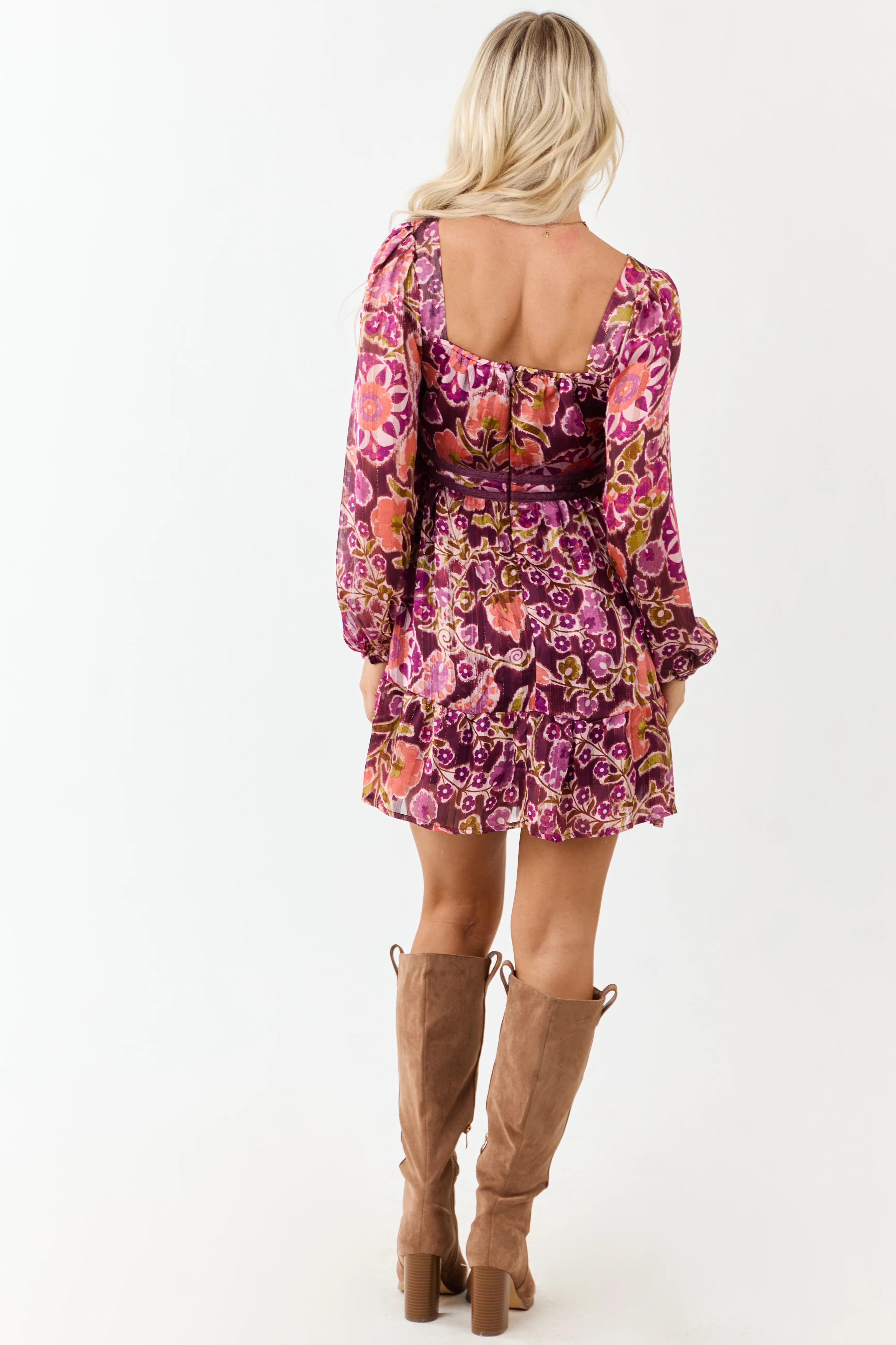 Plum Floral Print Deep V Neck Long Sleeve Mini Dress - Image 7