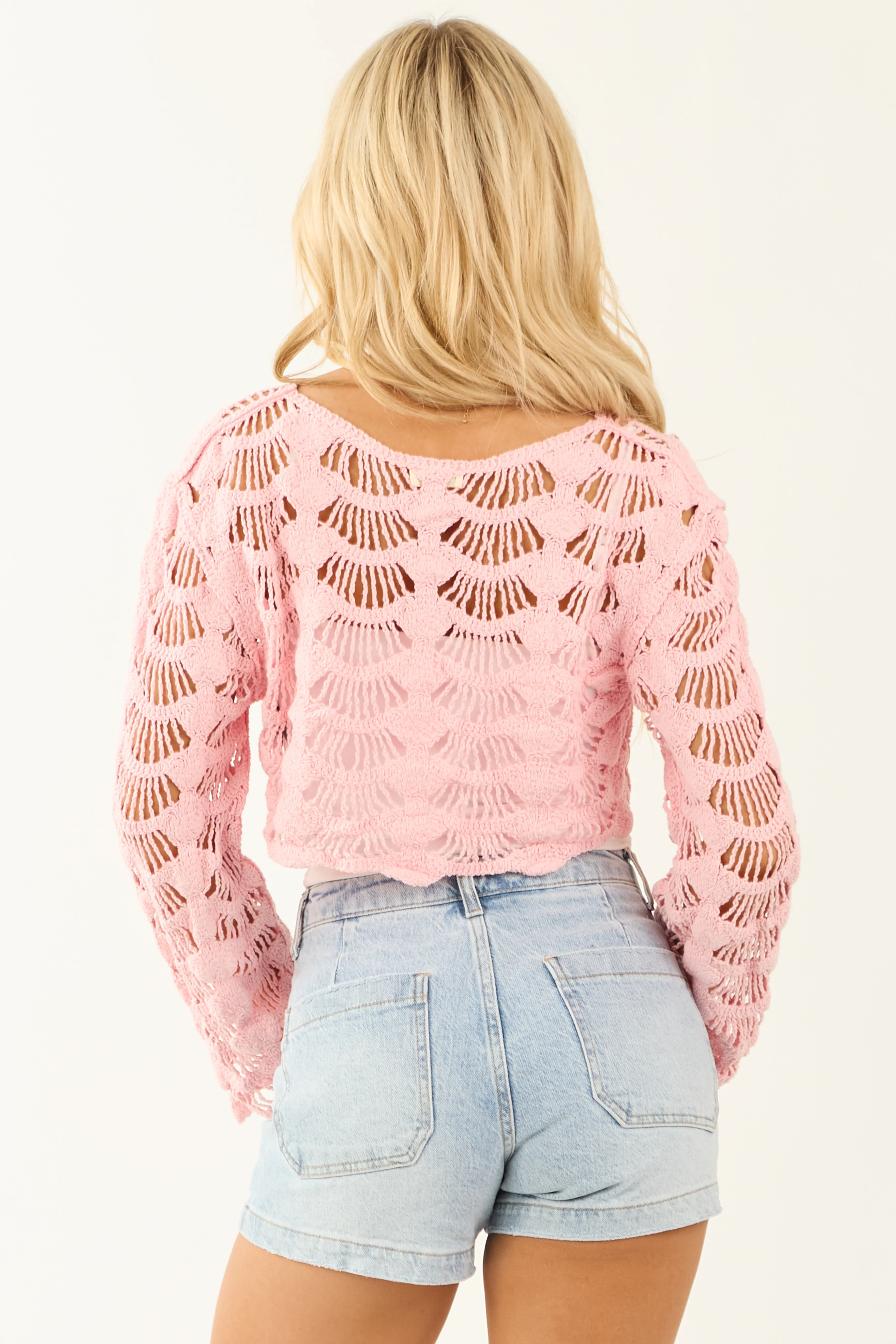 POL Baby Pink Long Sleeve Cropped Crochet Top - Image 7