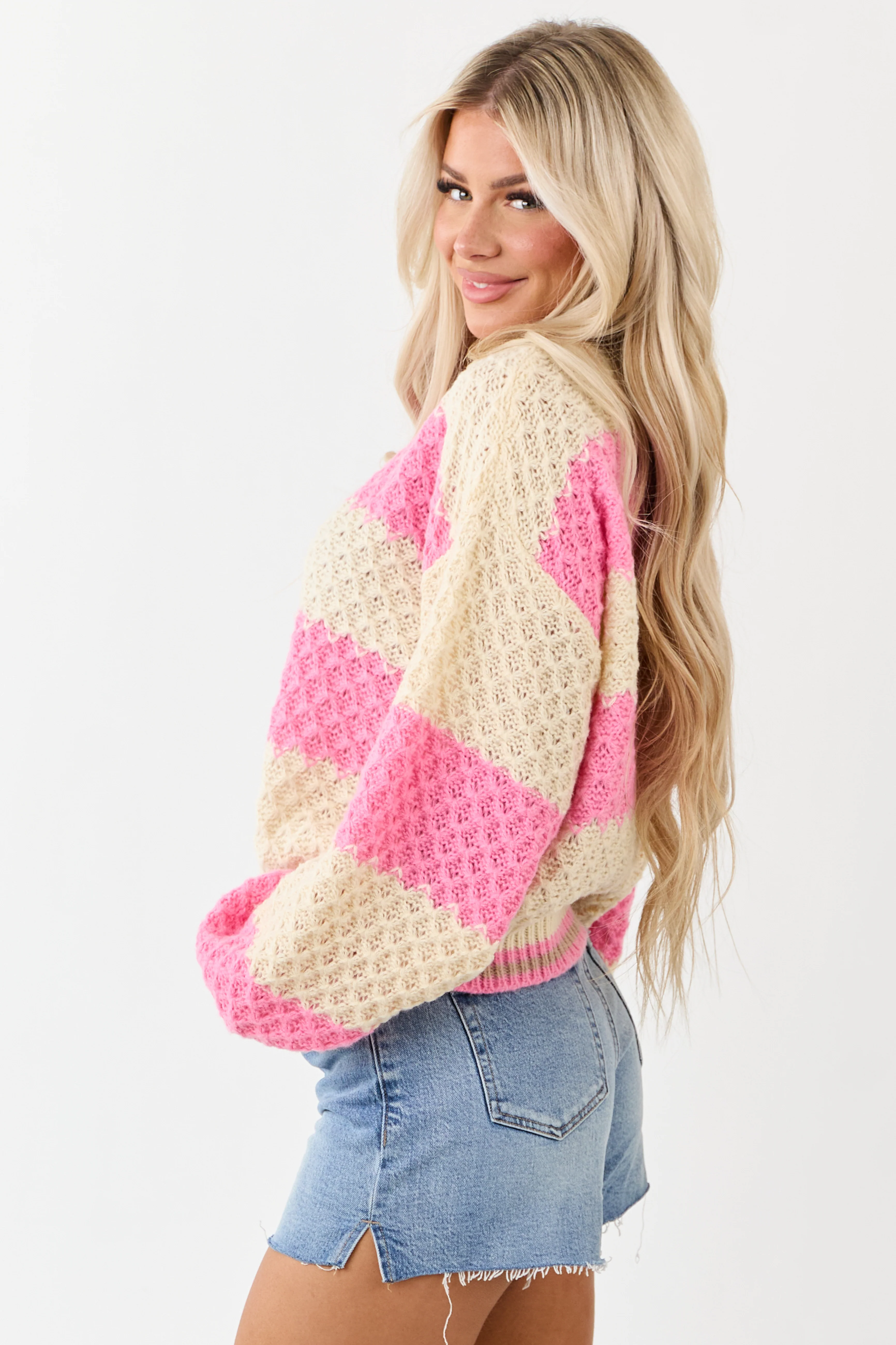 POL Bubblegum and Cream Striped Cable Knit Sweater - Image 4