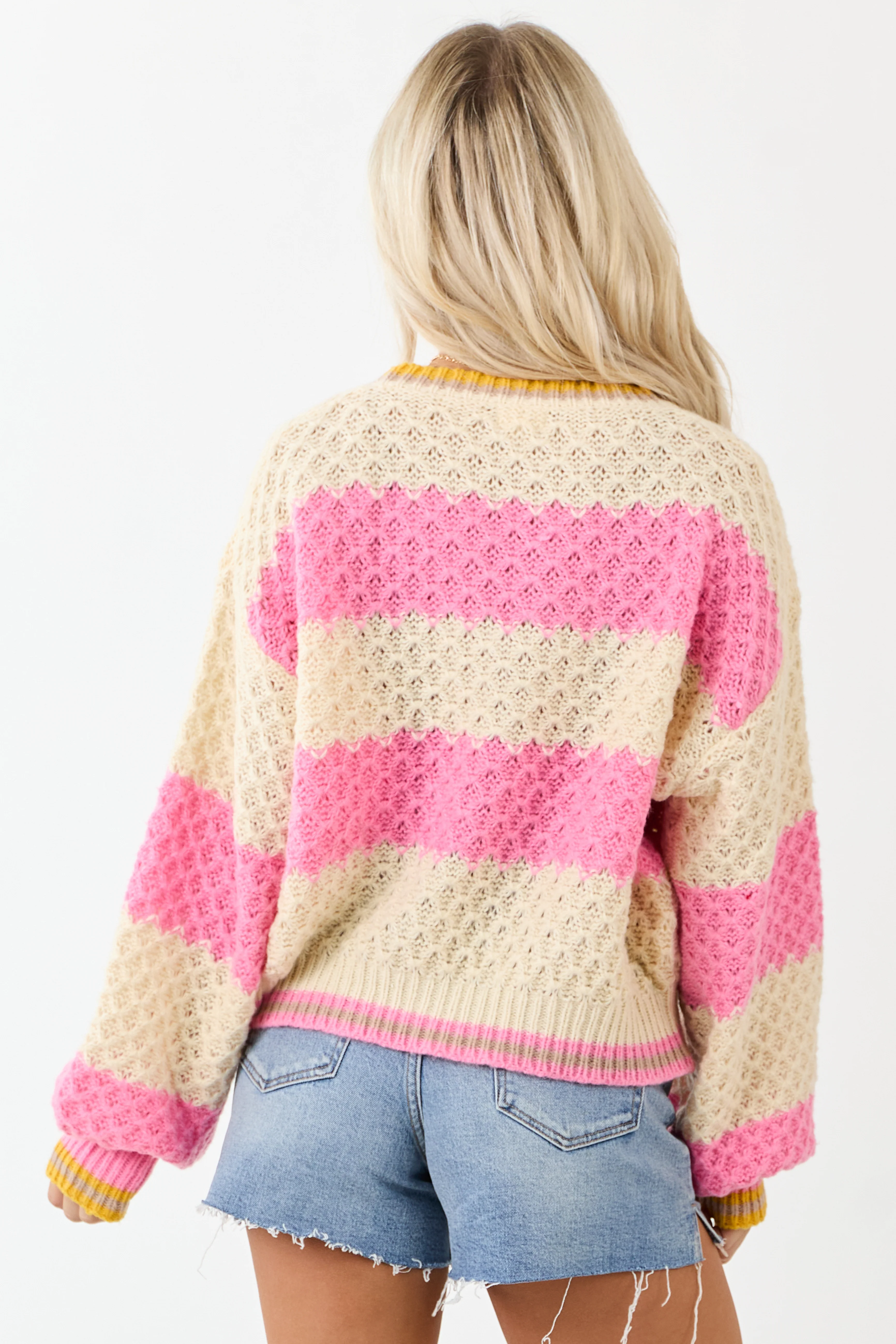 POL Bubblegum and Cream Striped Cable Knit Sweater - Image 5