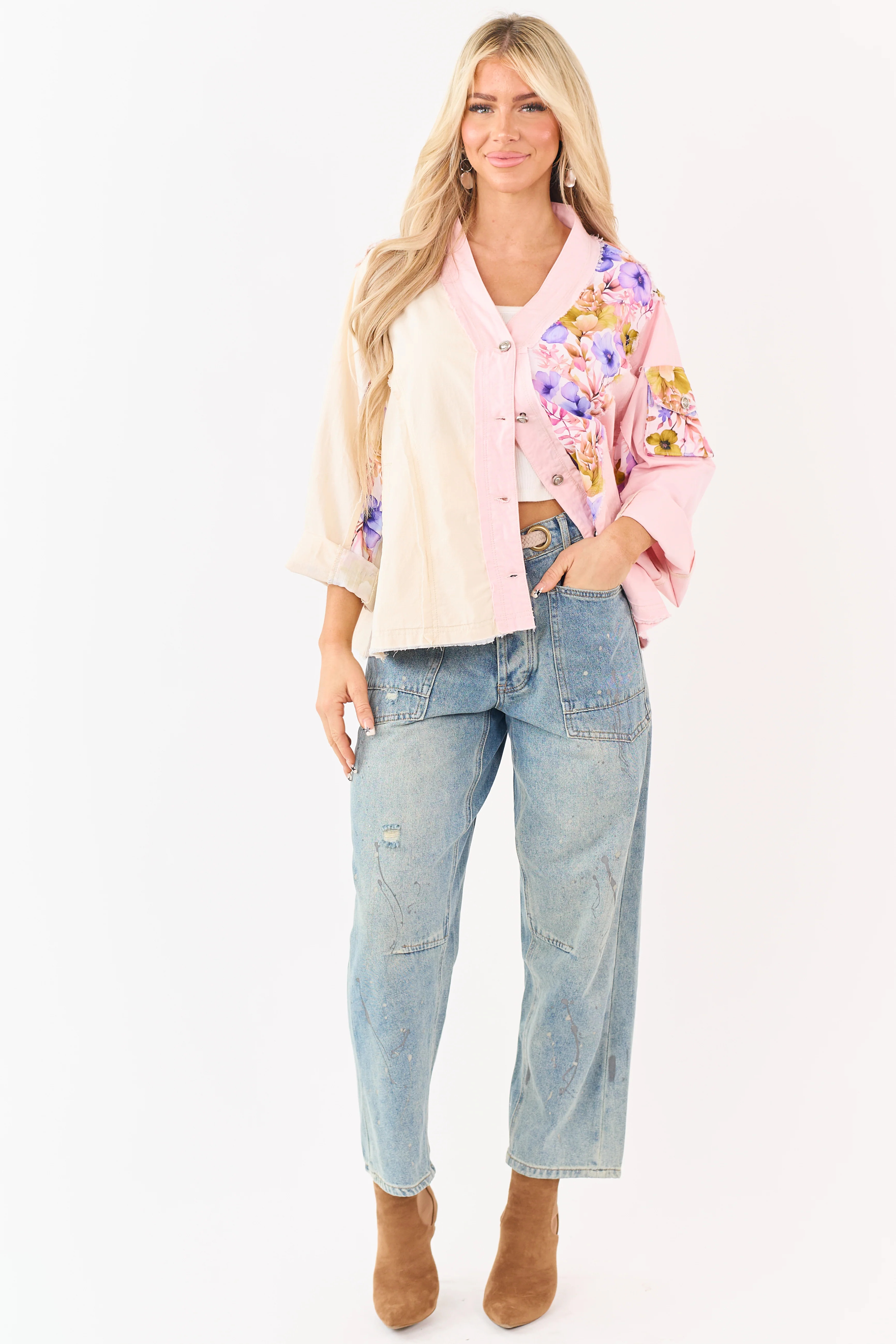 POL Carnation Floral Colorblock Button Up Cotton Top - Image 4