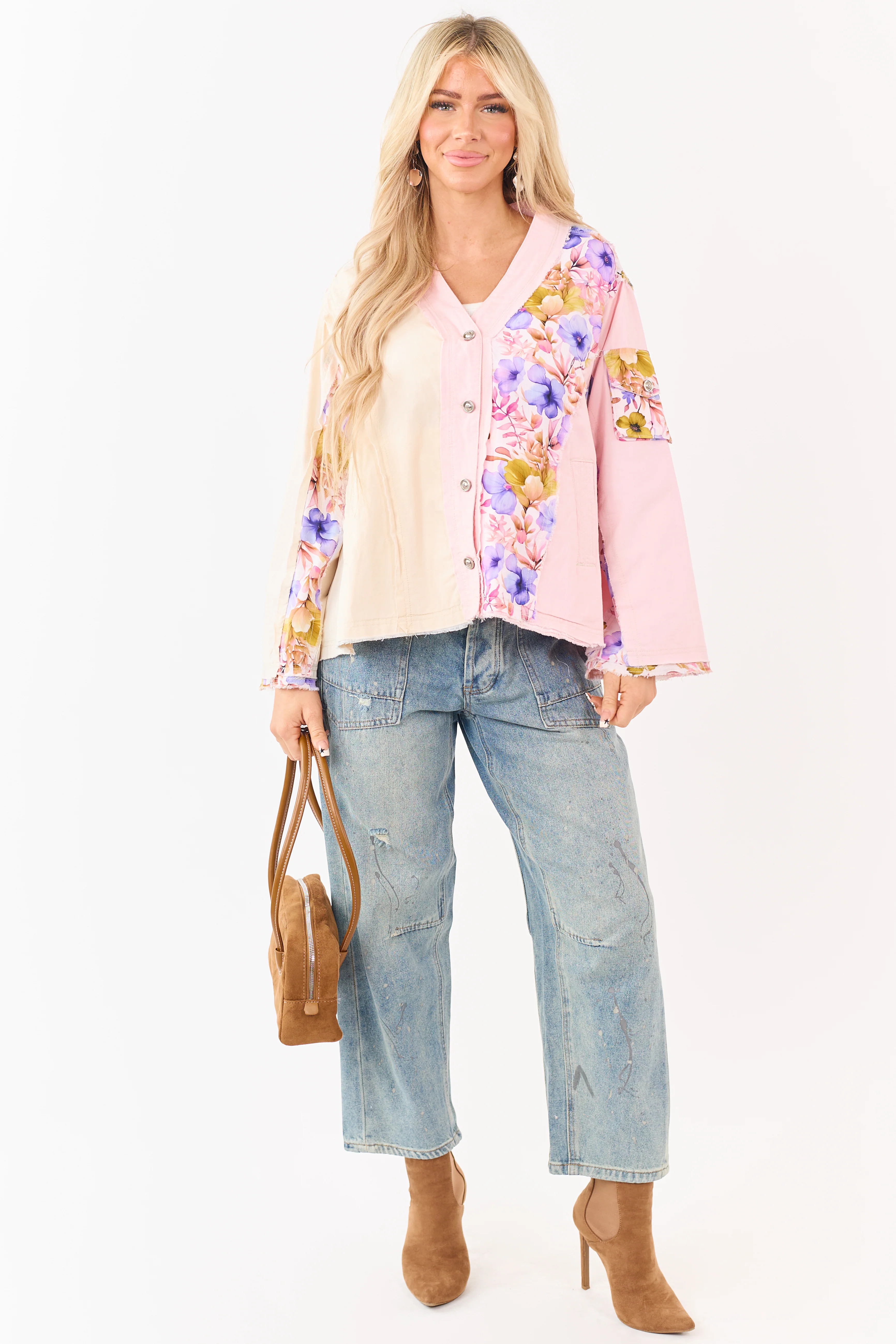 POL Carnation Floral Colorblock Button Up Cotton Top - Image 5