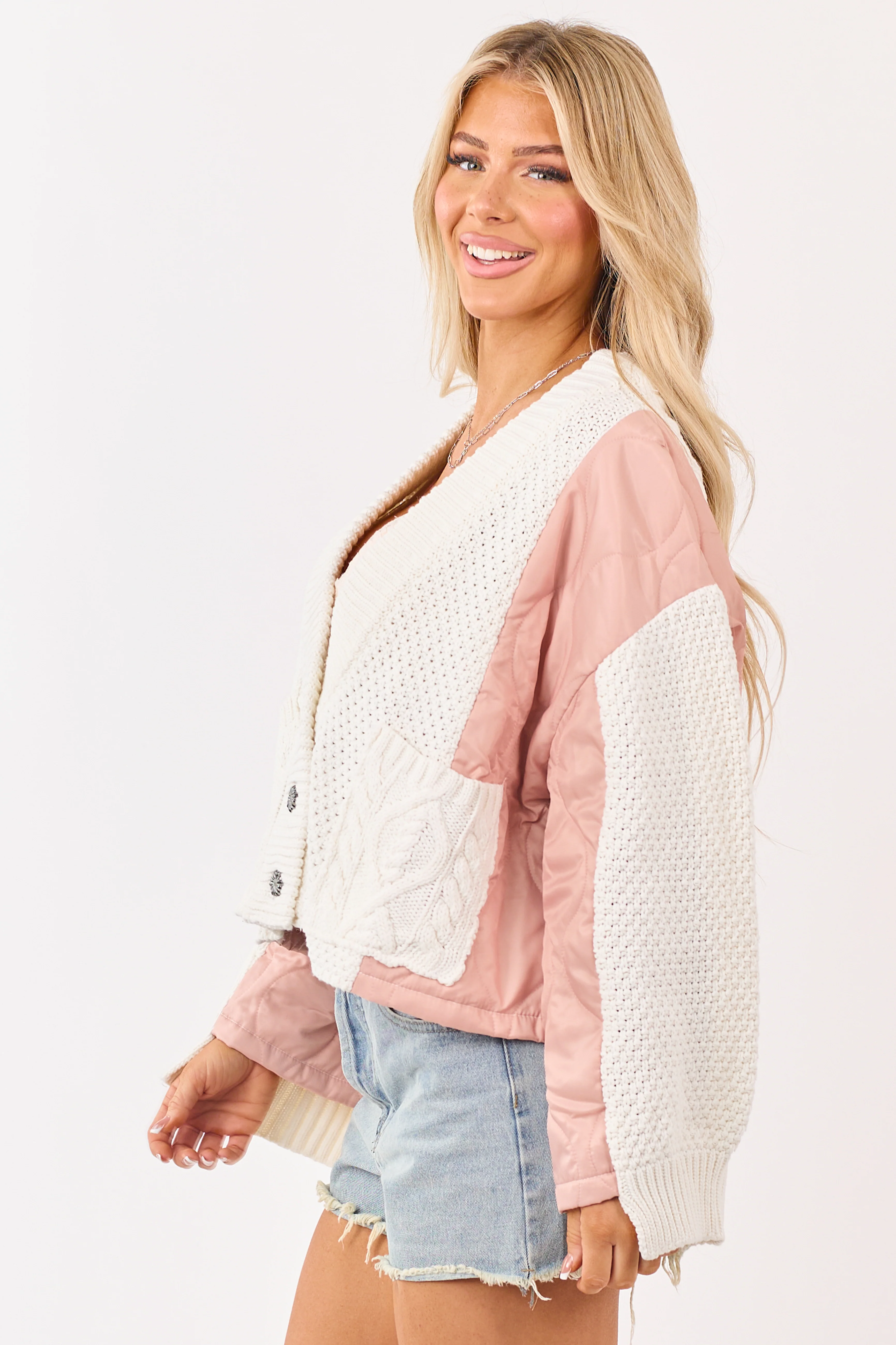 POL Cream and Dusty Blush Button Down Cardigan - Image 5