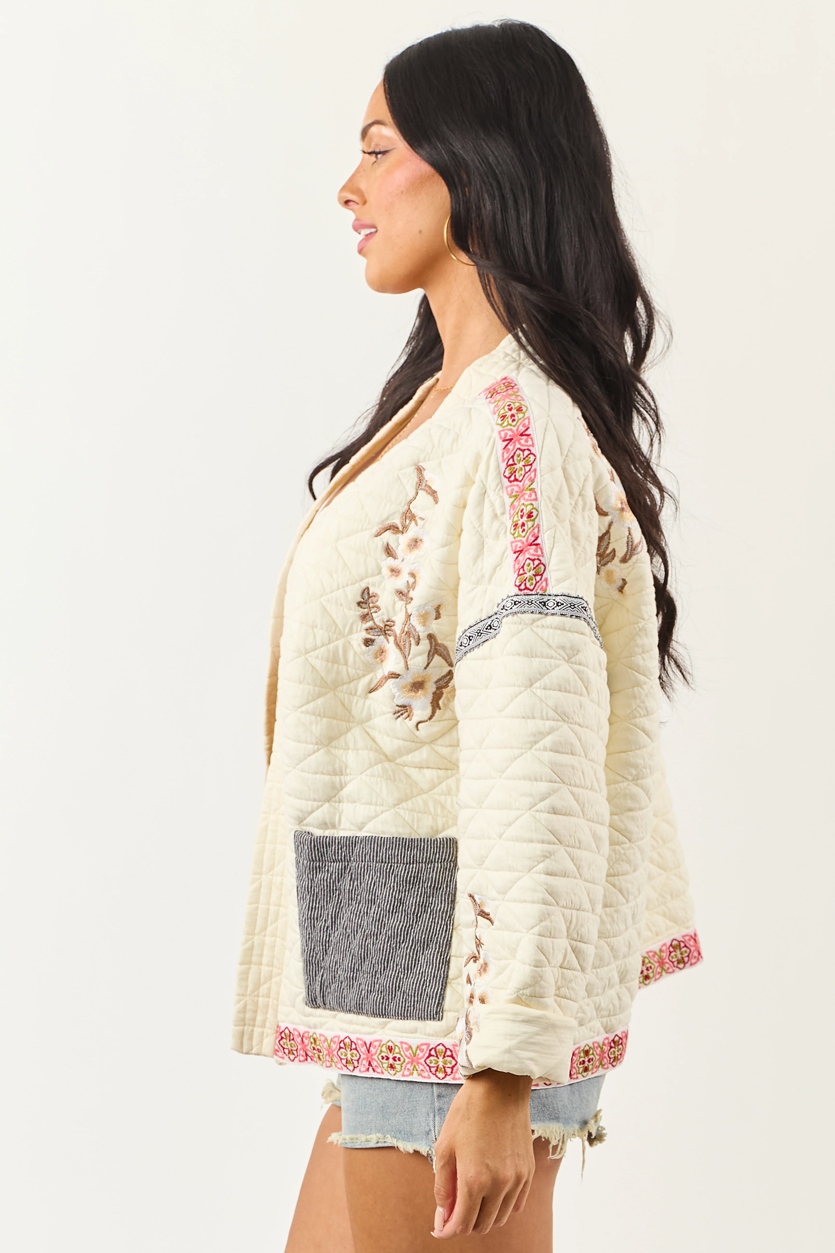 POL Cream Floral Embroidered Open Front Jacket - Image 5