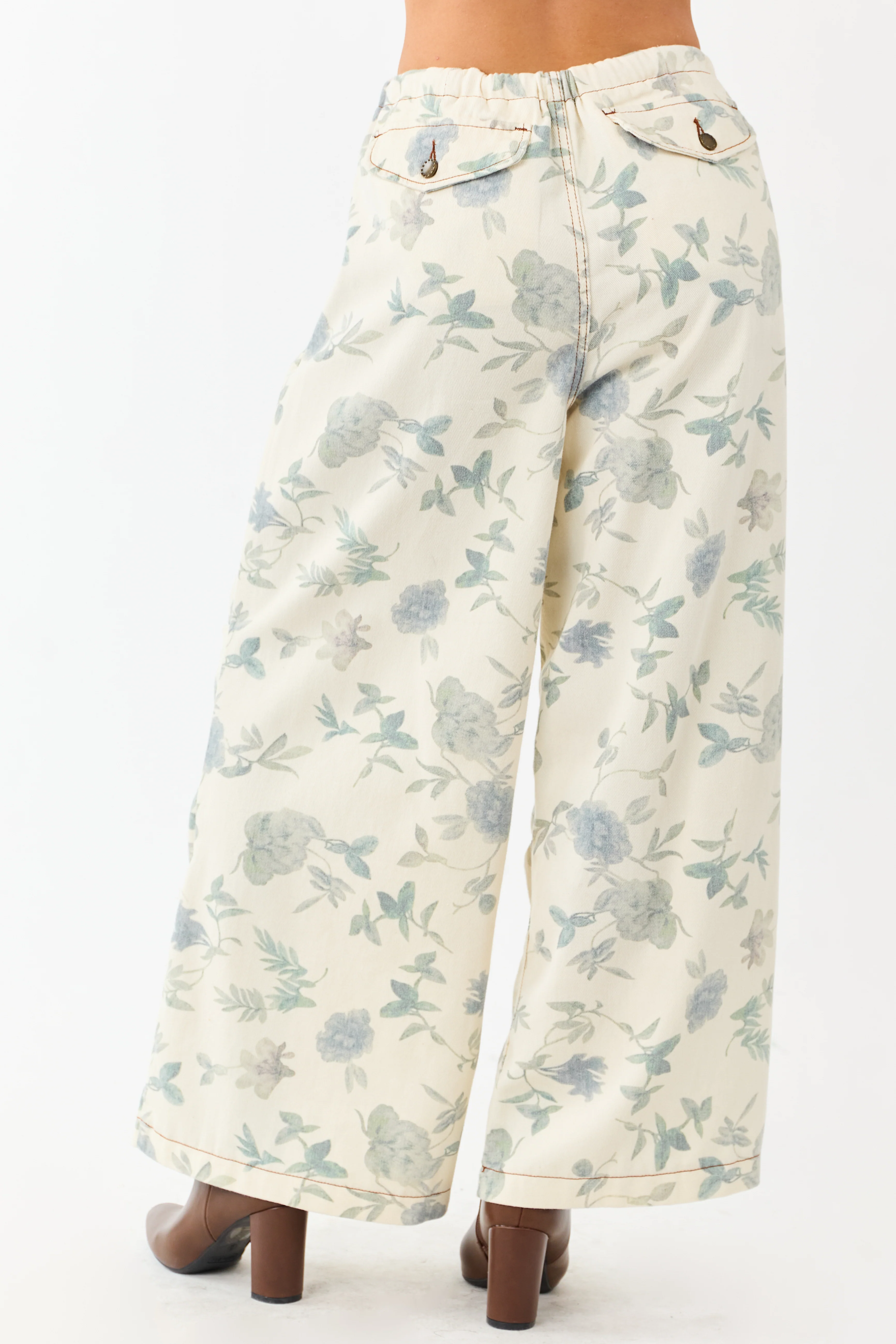 POL Cream Floral Print Wide Drawstring Denim Pants - Image 4