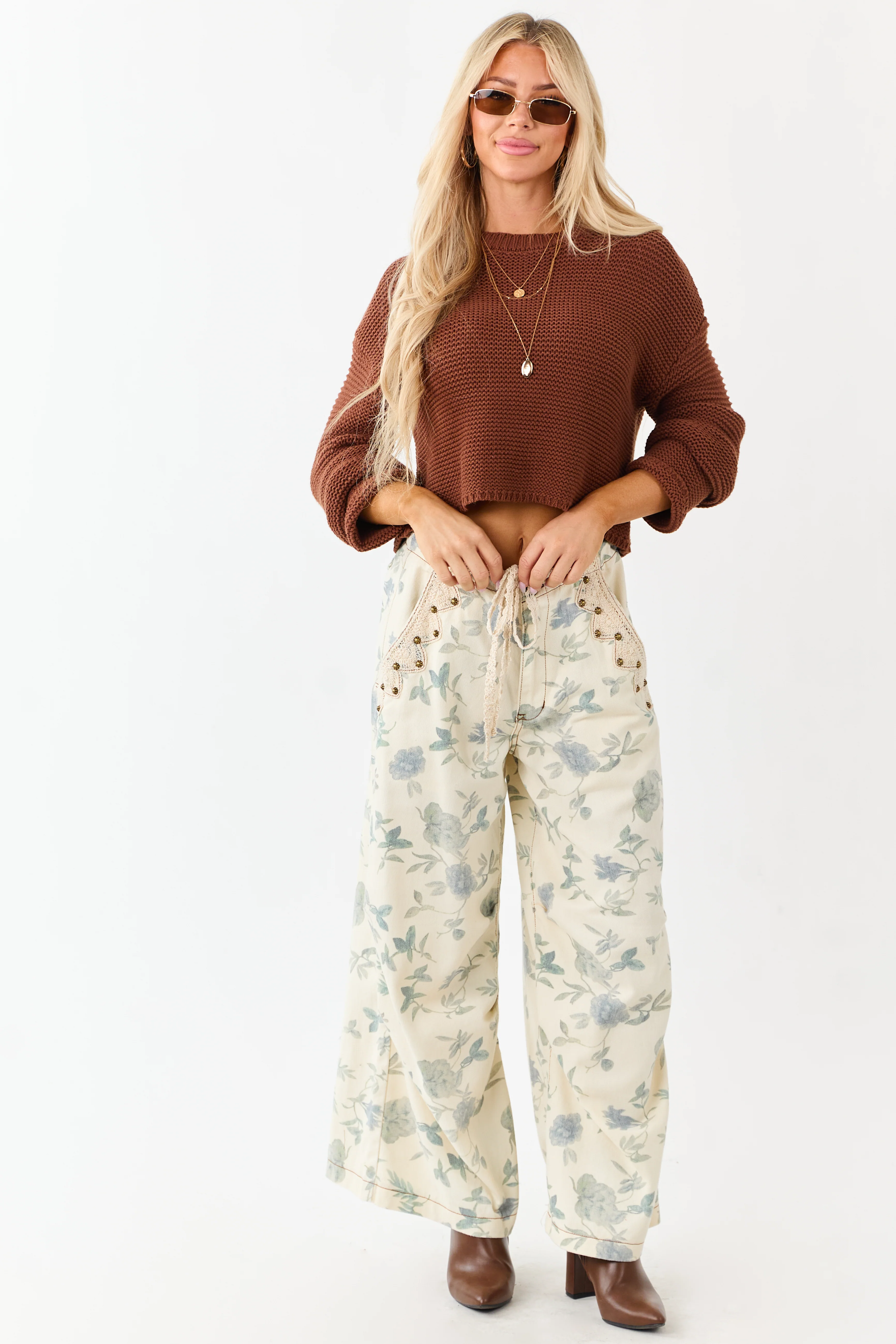 POL Cream Floral Print Wide Drawstring Denim Pants - Image 5