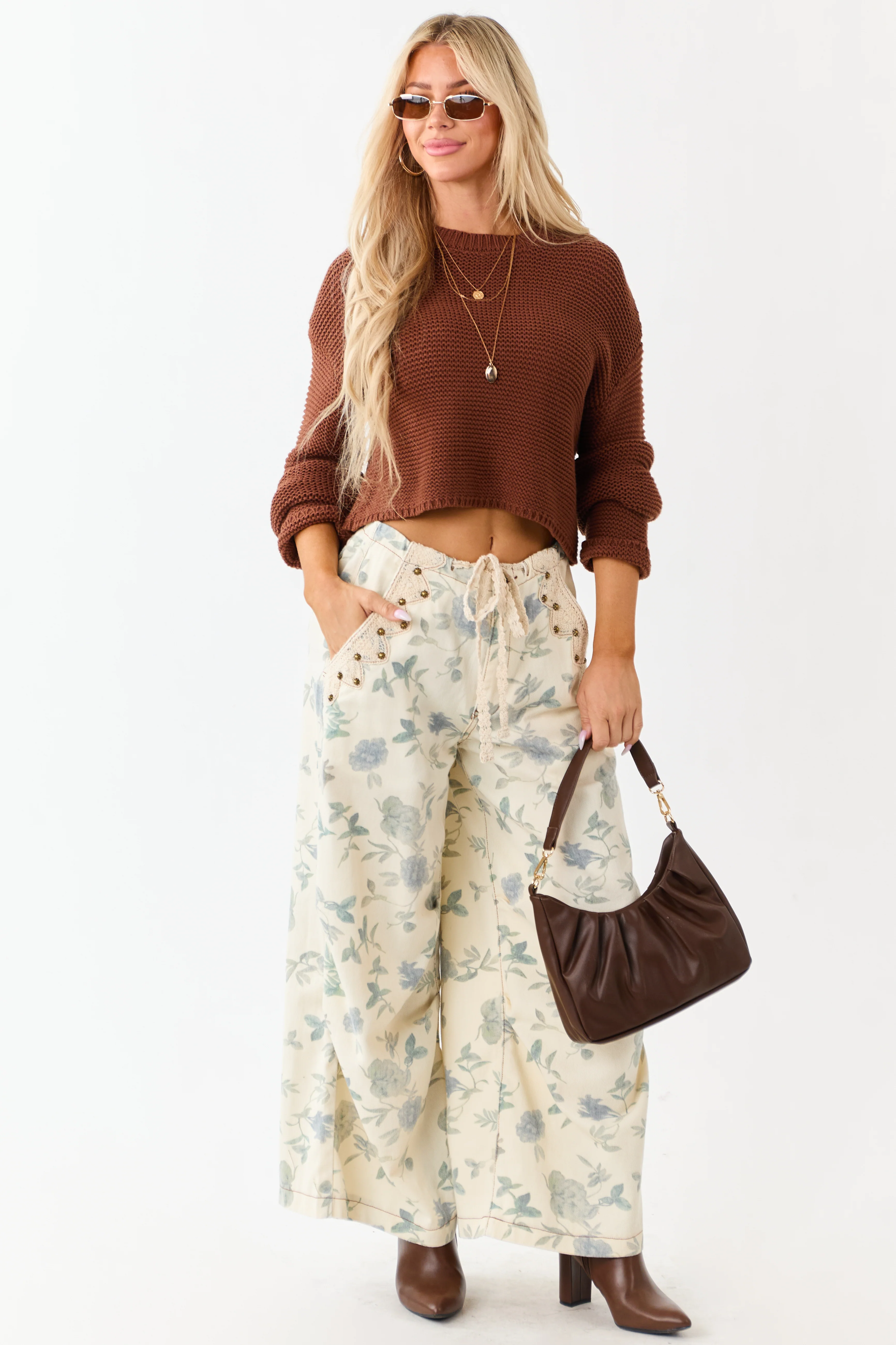 POL Cream Floral Print Wide Drawstring Denim Pants - Image 6