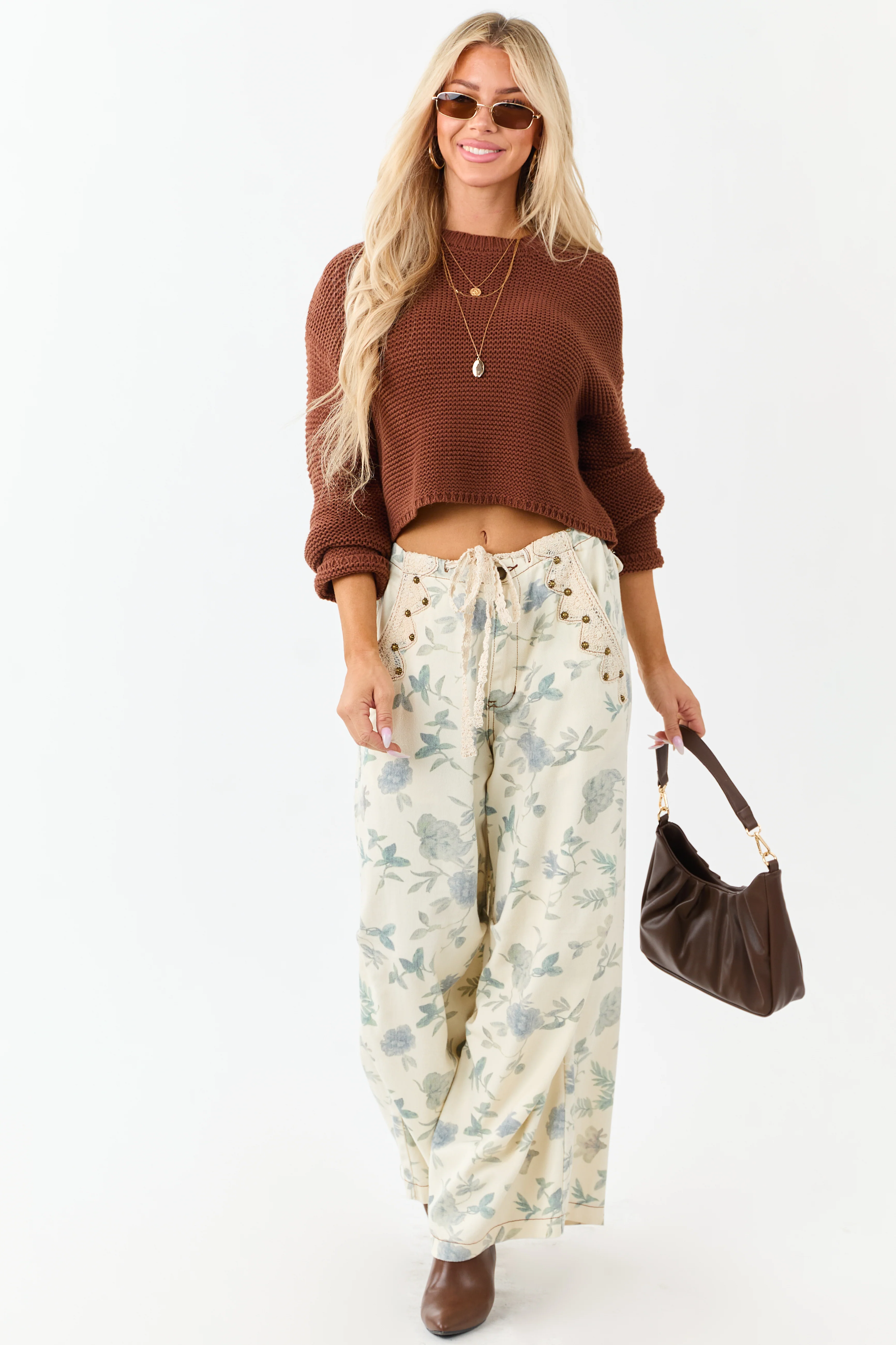 POL Cream Floral Print Wide Drawstring Denim Pants - Image 7
