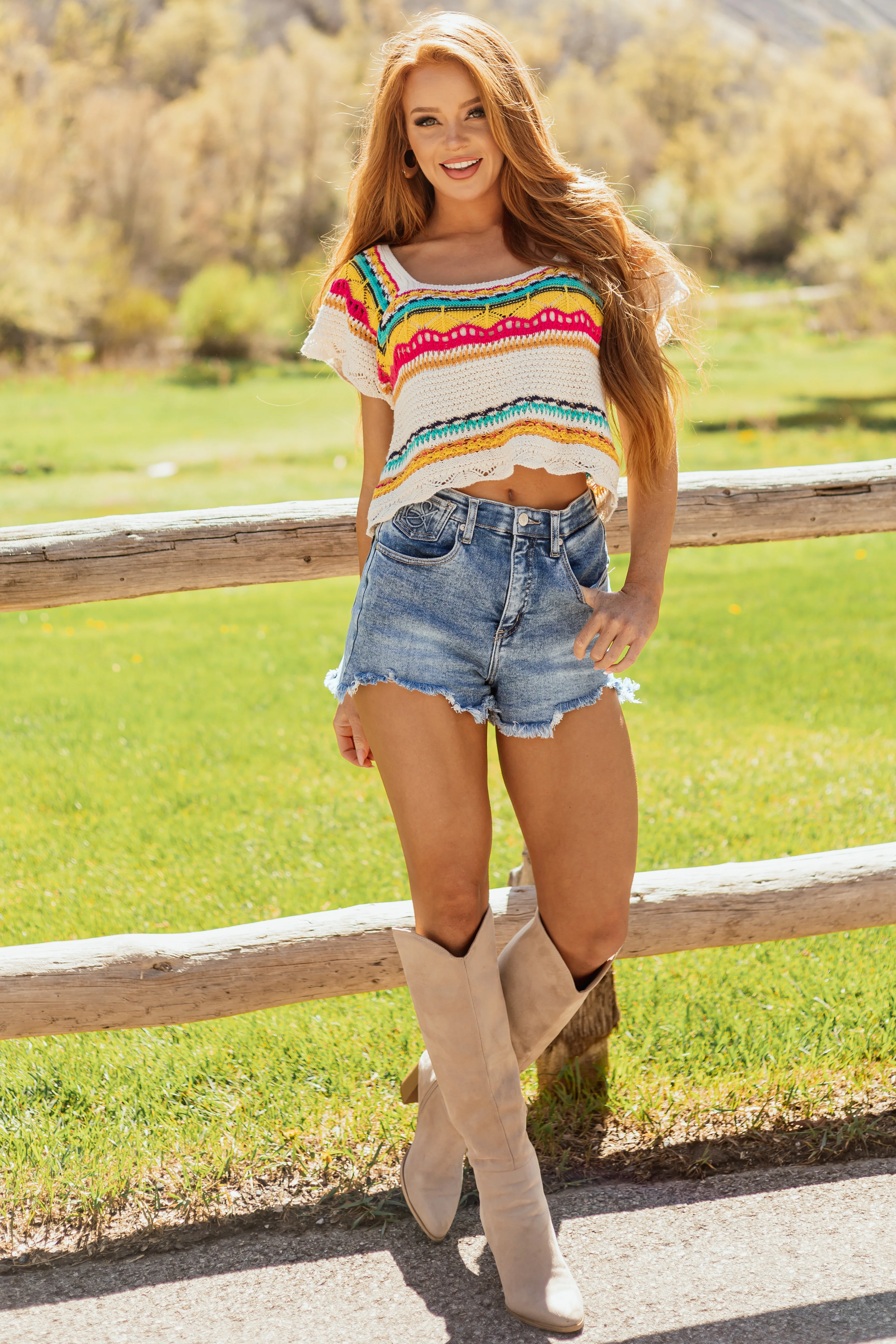 POL Cream Multi Striped Short Sleeve Crochet Top - Image 3