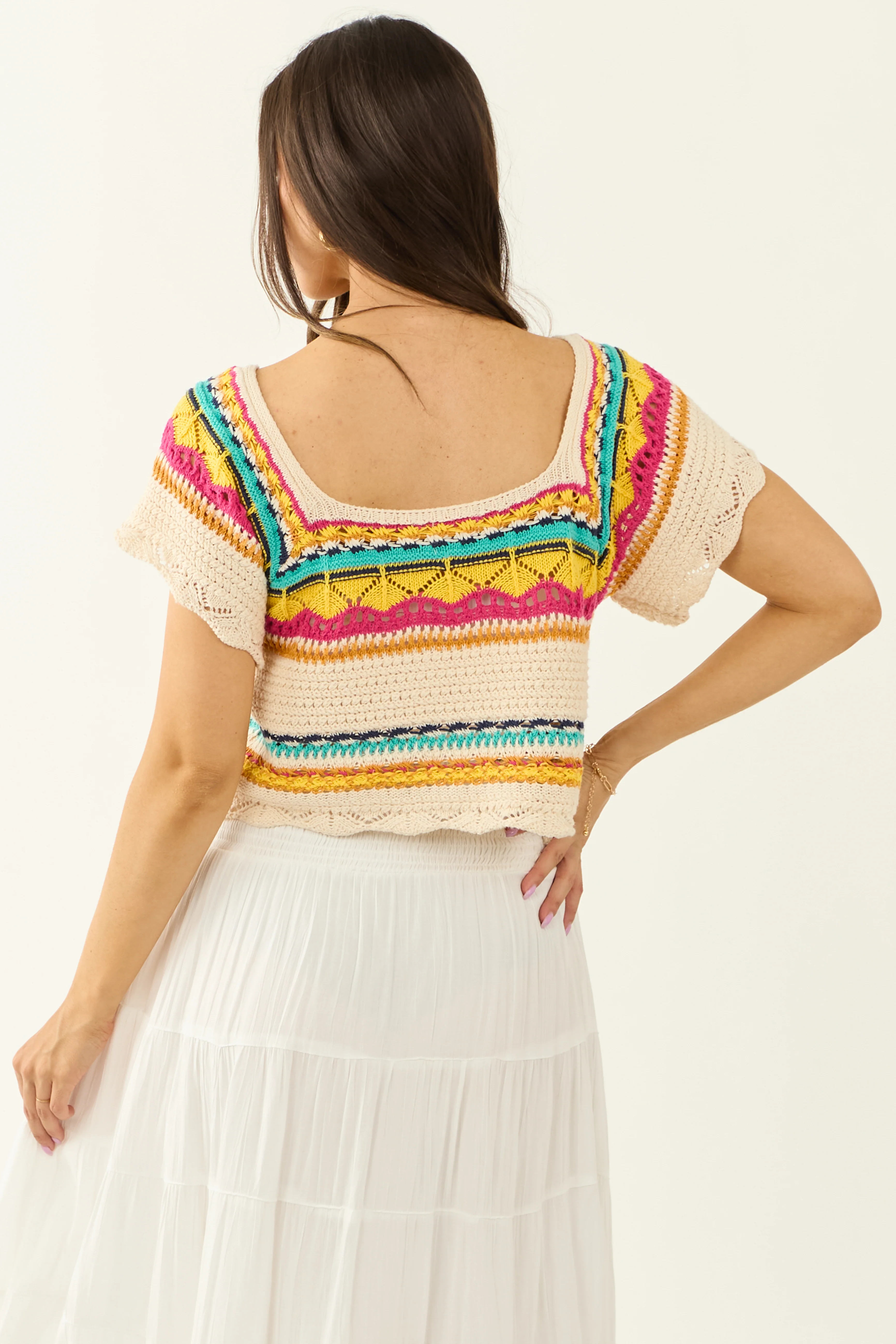 POL Cream Multi Striped Short Sleeve Crochet Top - Image 5