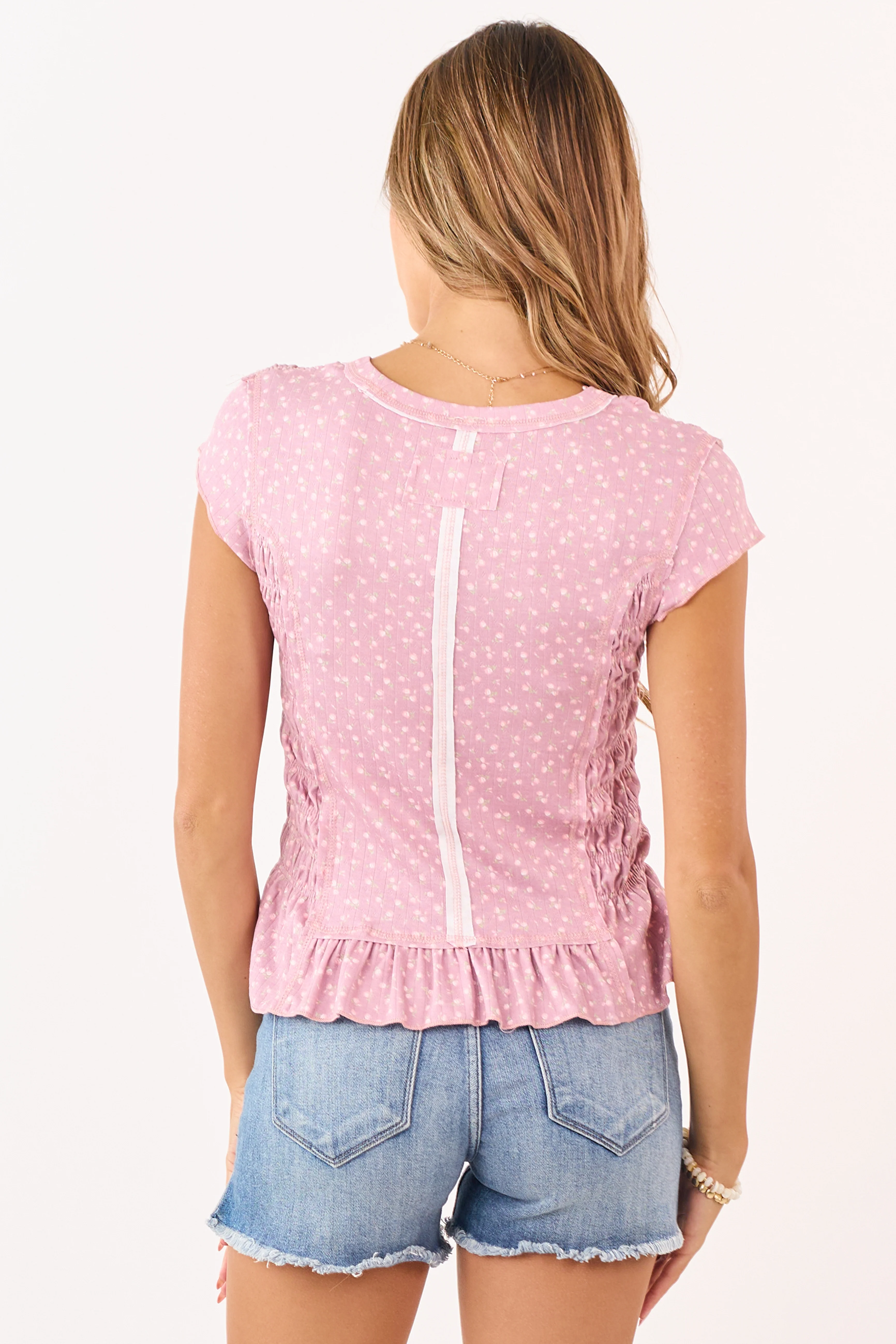 POL Mauve Floral Print Smocked Cap Sleeve Top - Image 5