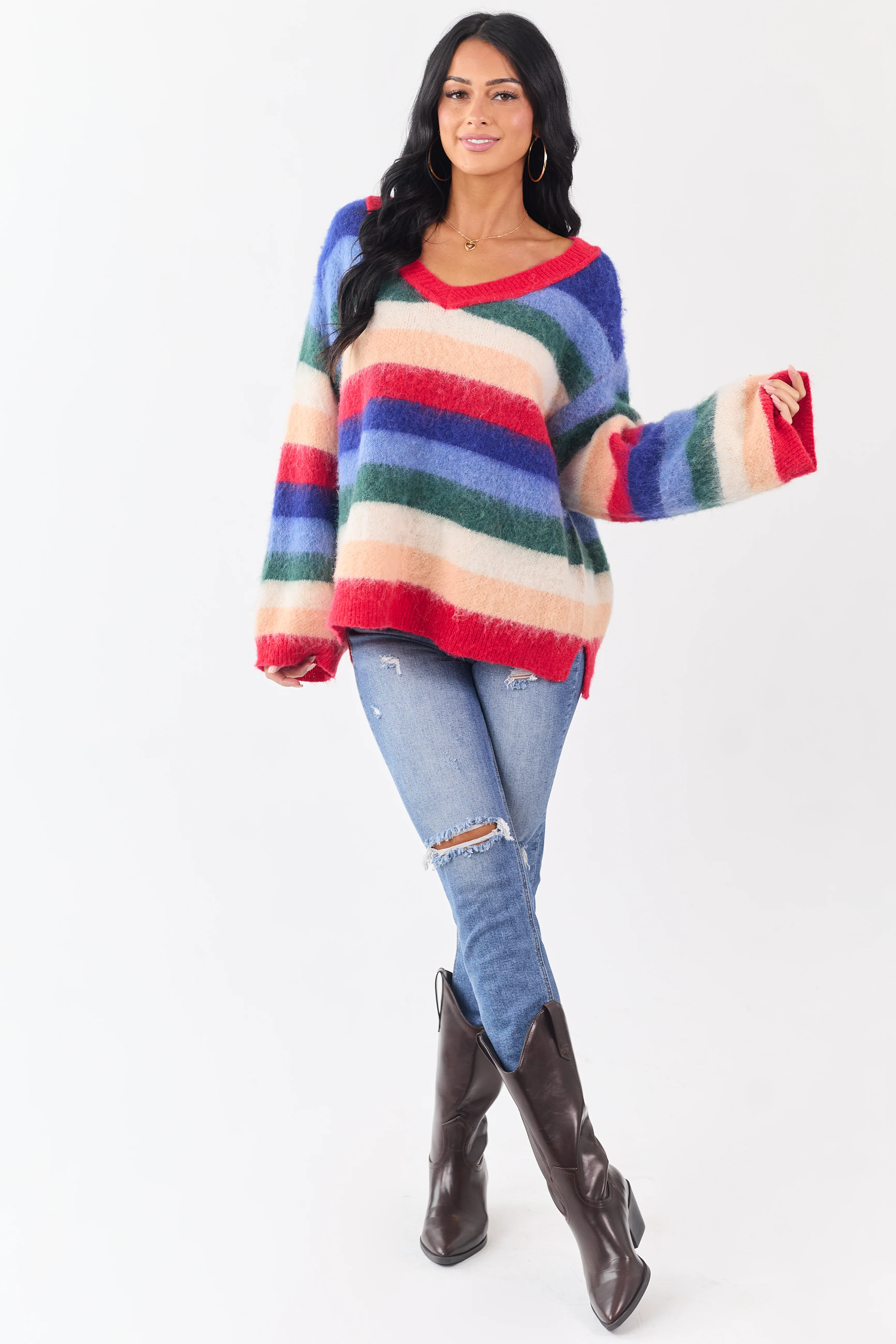 POL Multicolor Striped Long Sleeve V Neck Sweater - Image 2