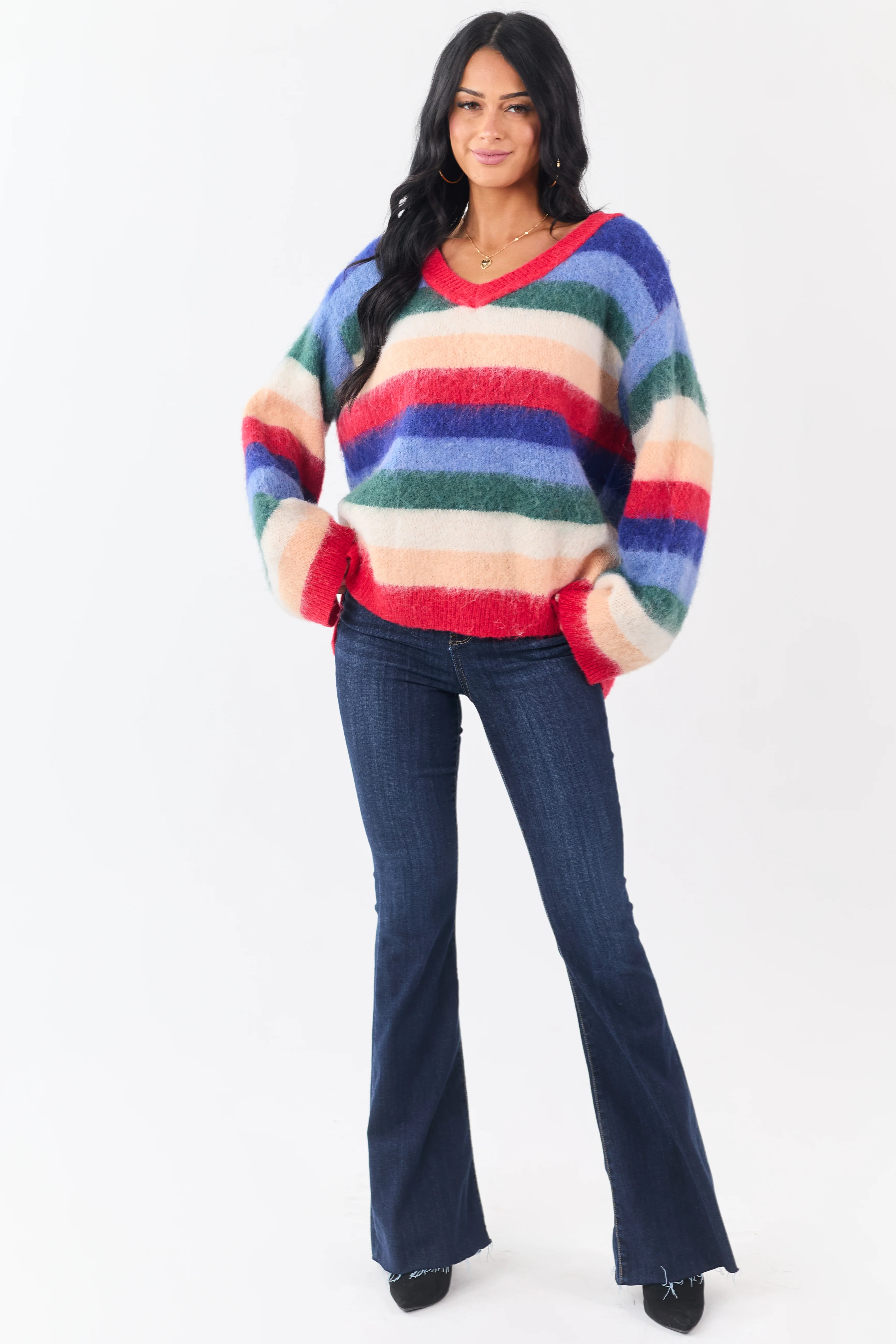 POL Multicolor Striped Long Sleeve V Neck Sweater - Image 3