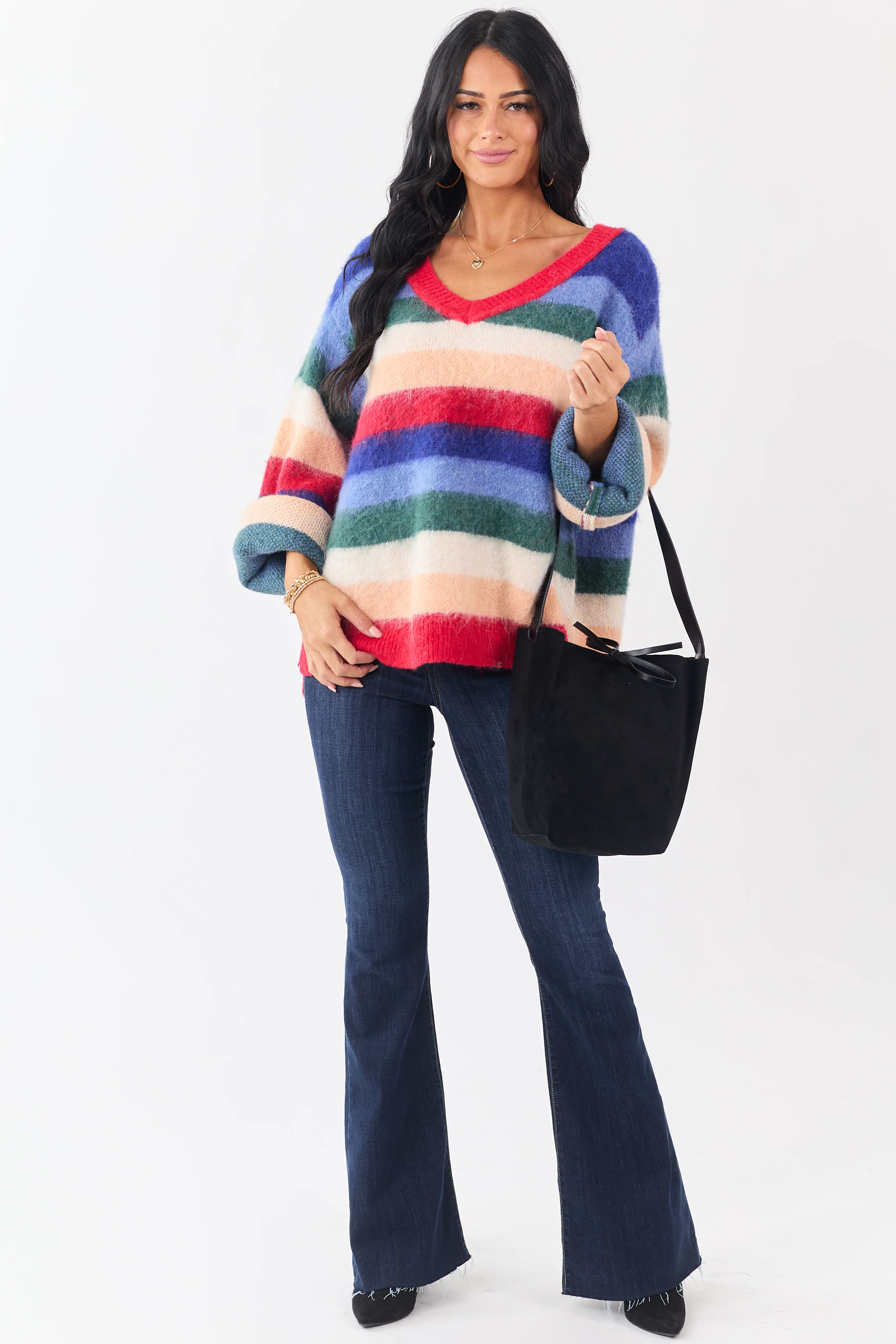 POL Multicolor Striped Long Sleeve V Neck Sweater - Image 4