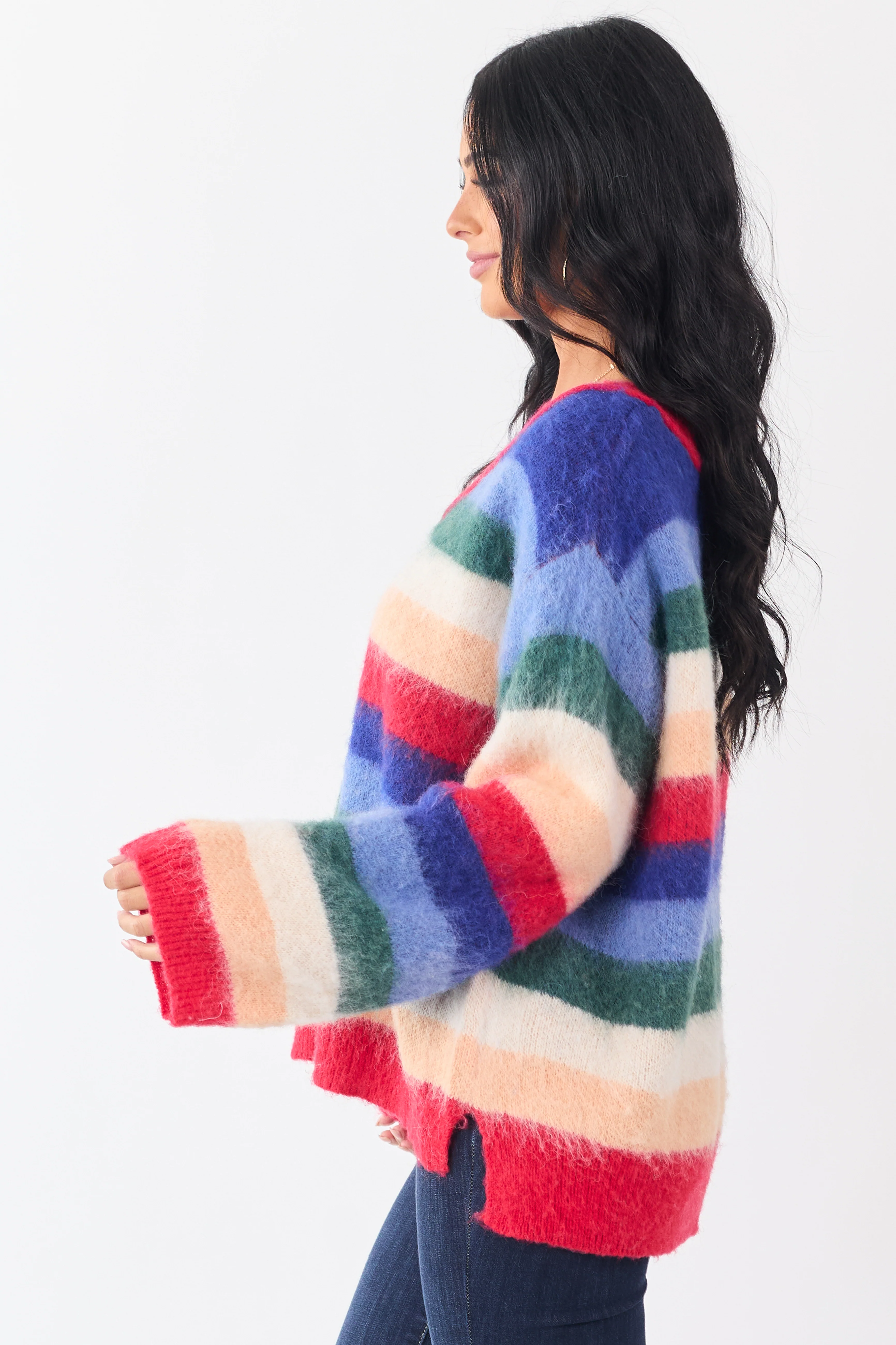 POL Multicolor Striped Long Sleeve V Neck Sweater - Image 5