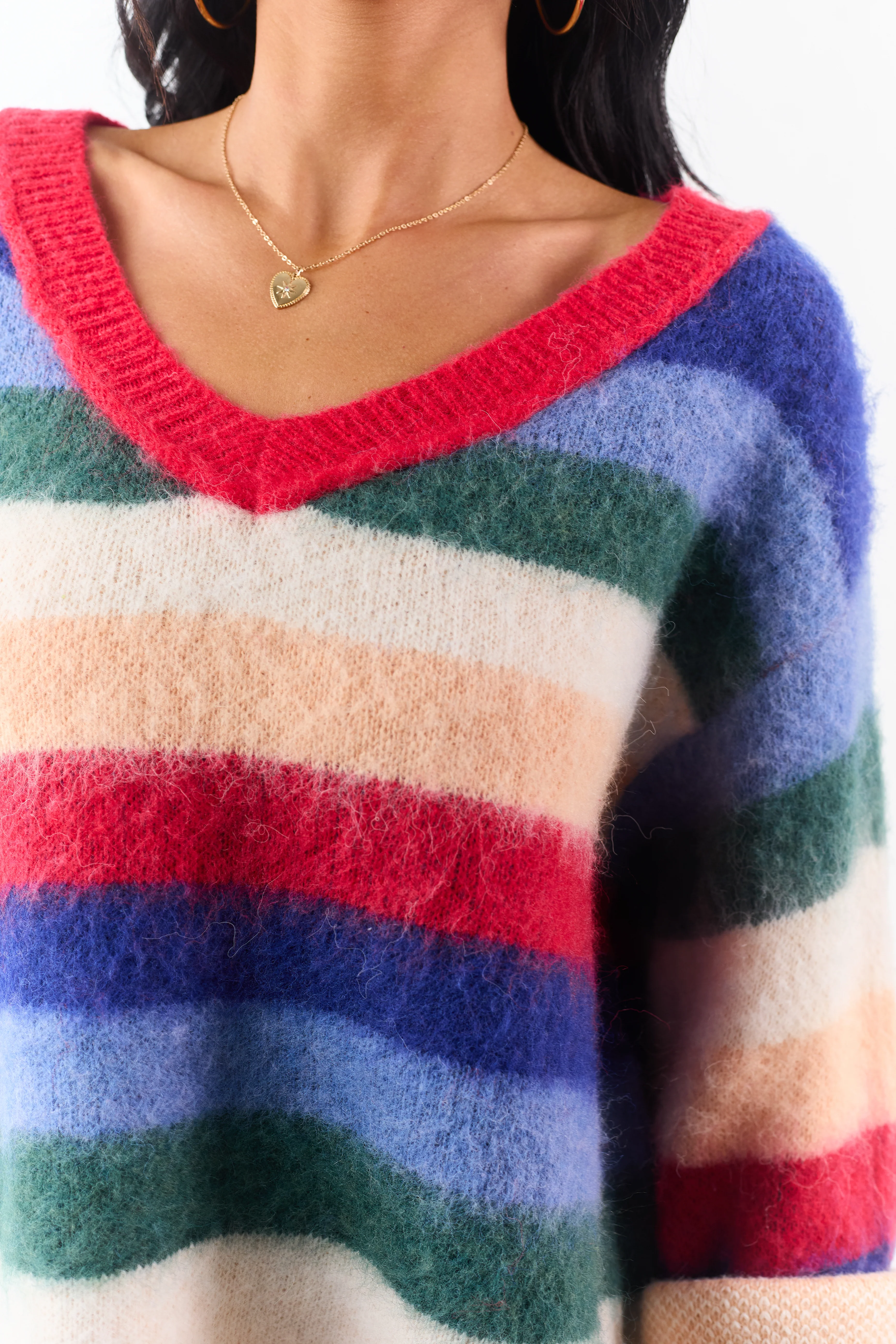 POL Multicolor Striped Long Sleeve V Neck Sweater - Image 7