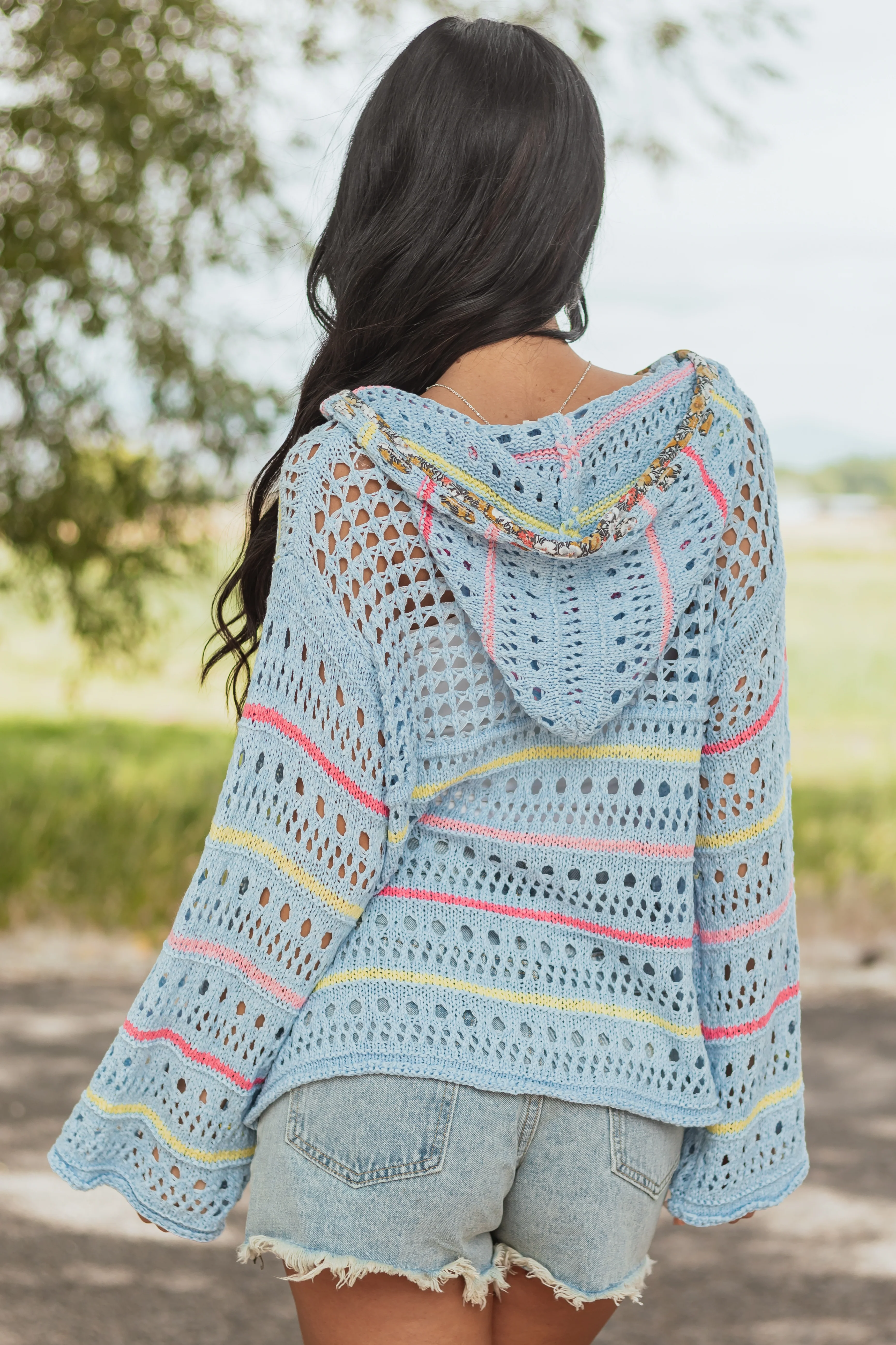 POL Sky Blue Crochet Star Long Sleeve Hooded Top - Image 5