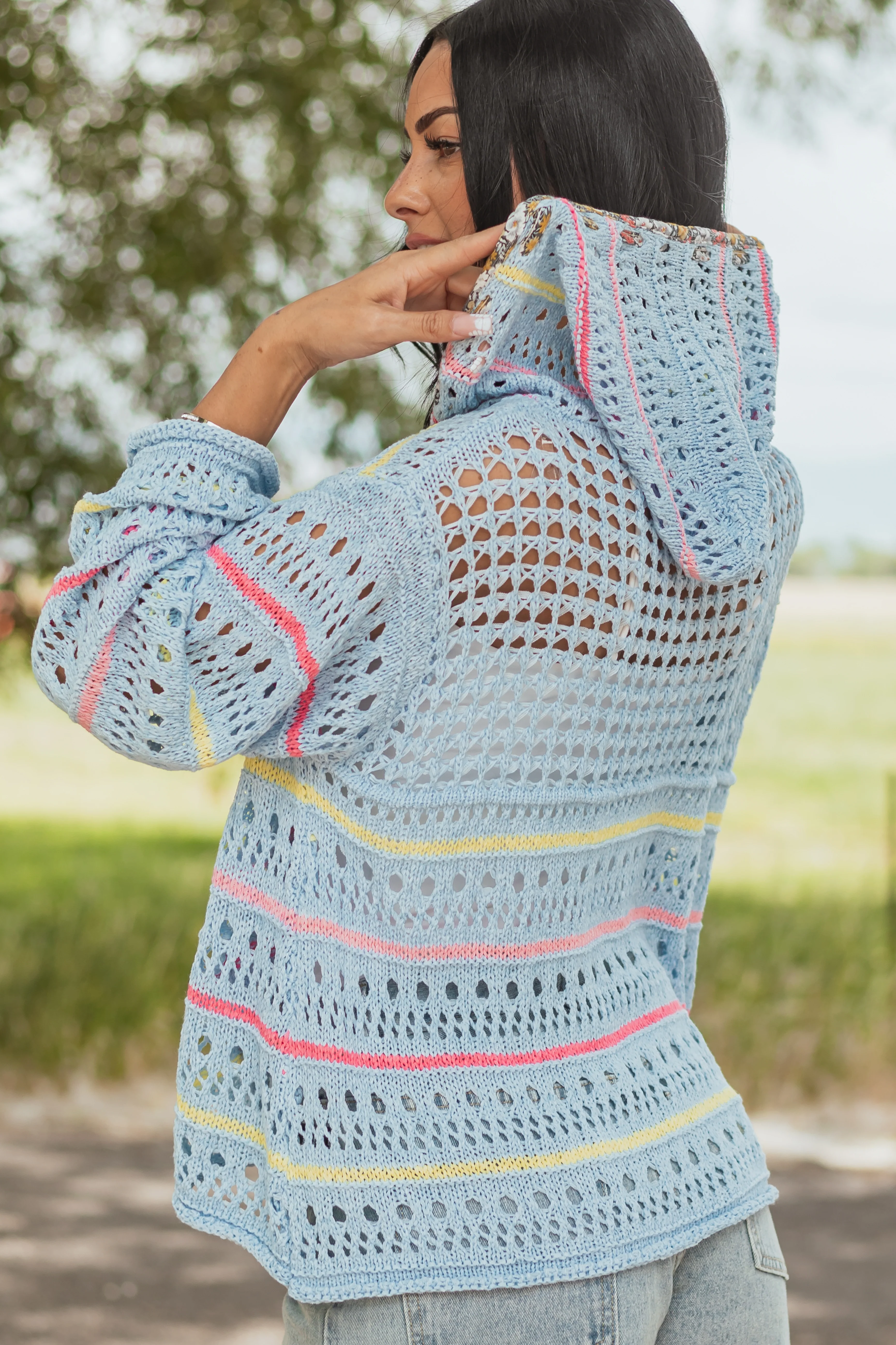 POL Sky Blue Crochet Star Long Sleeve Hooded Top - Image 6