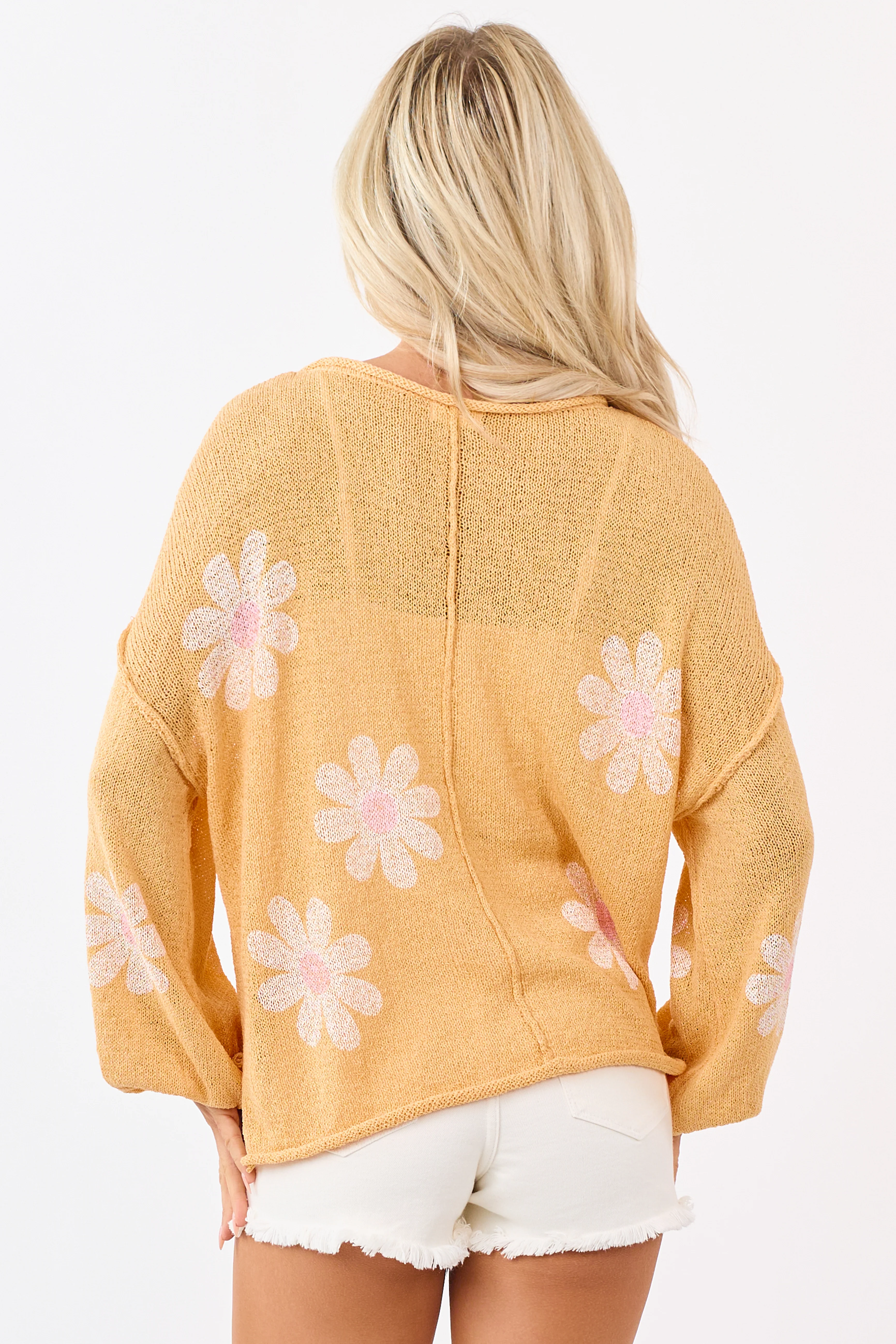 POL Tangerine Daisy Print Open Knit Relaxed Sweater - Image 5