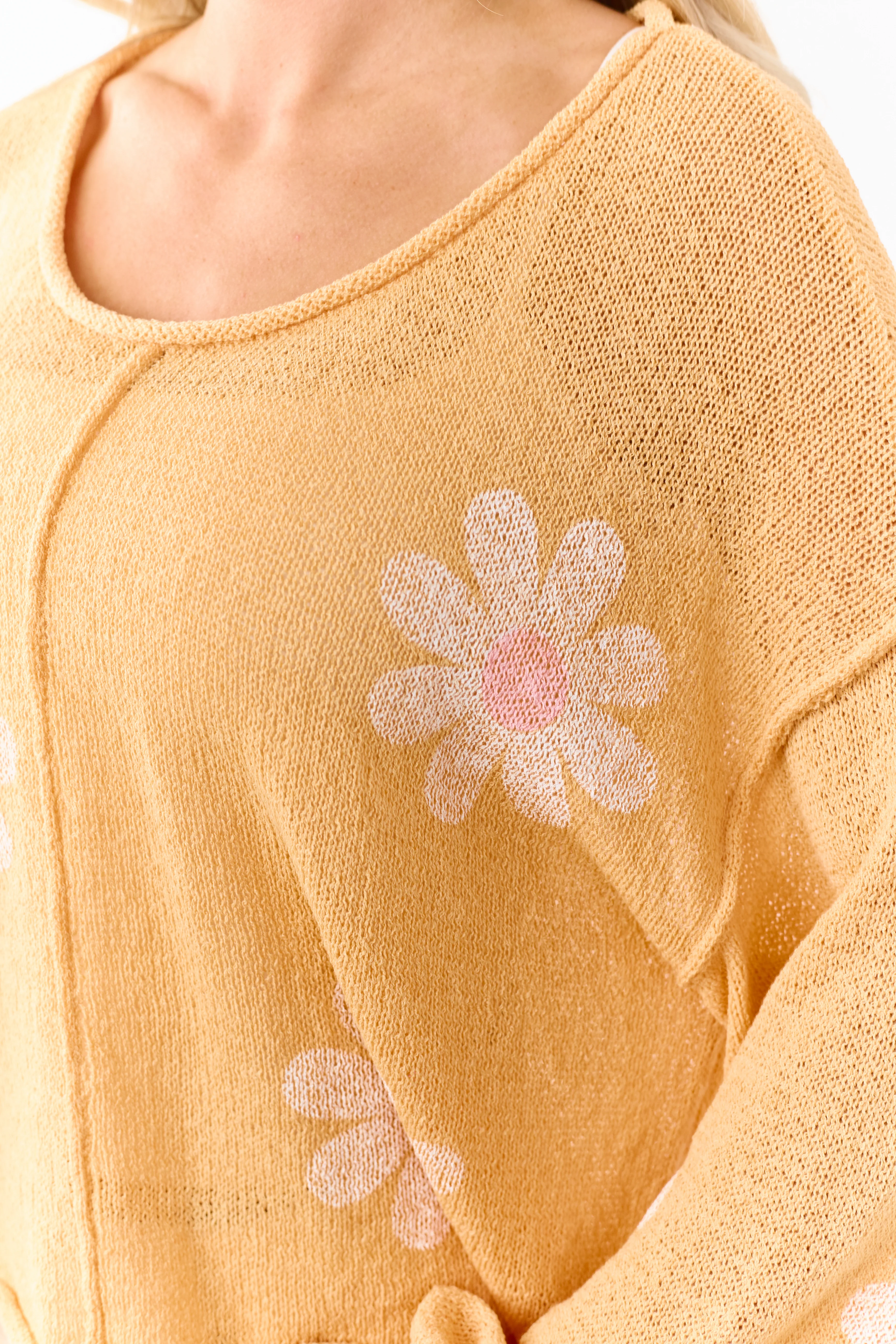 POL Tangerine Daisy Print Open Knit Relaxed Sweater - Image 6
