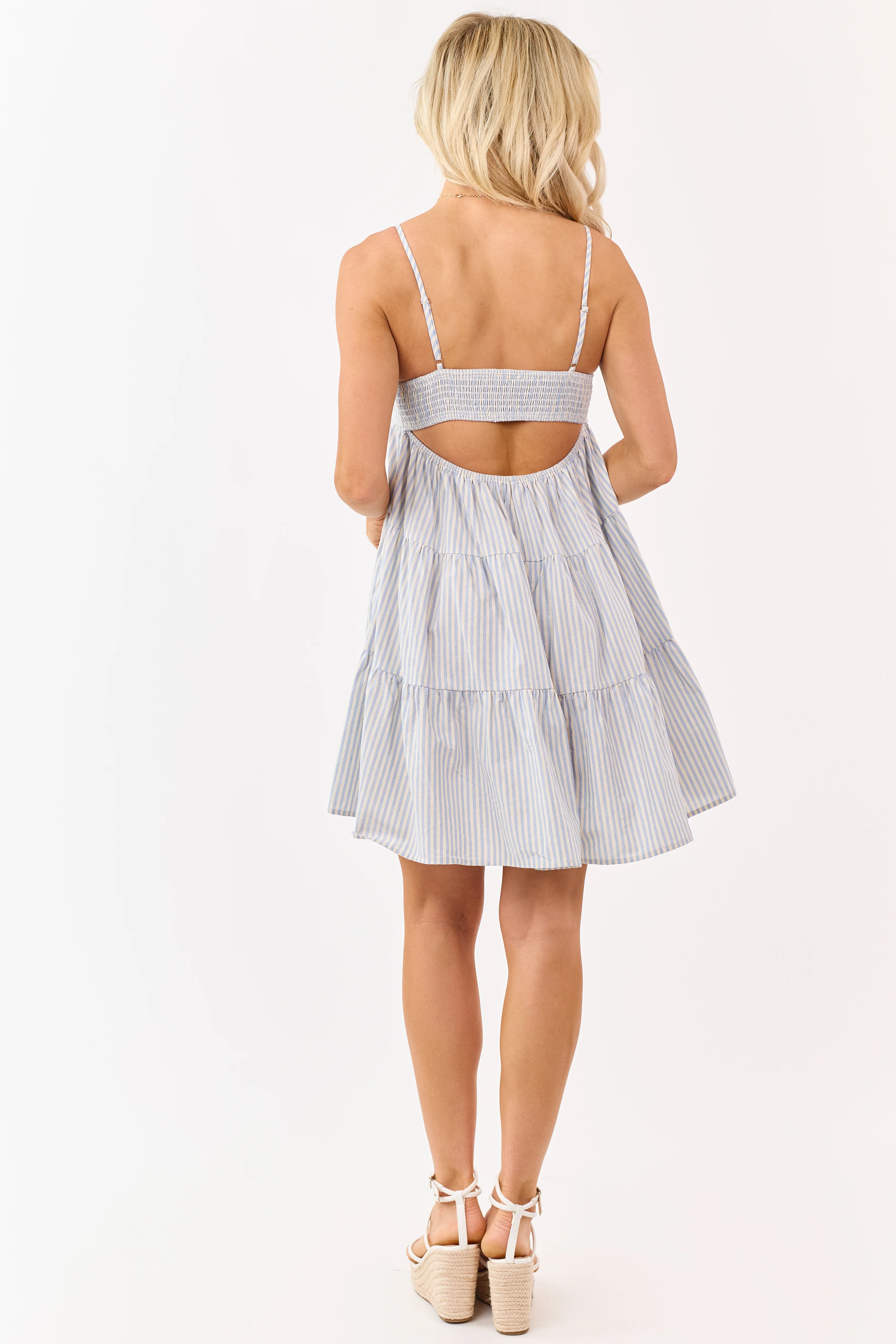 Powder Blue and Almond Striped Tiered Mini Dress - Image 5