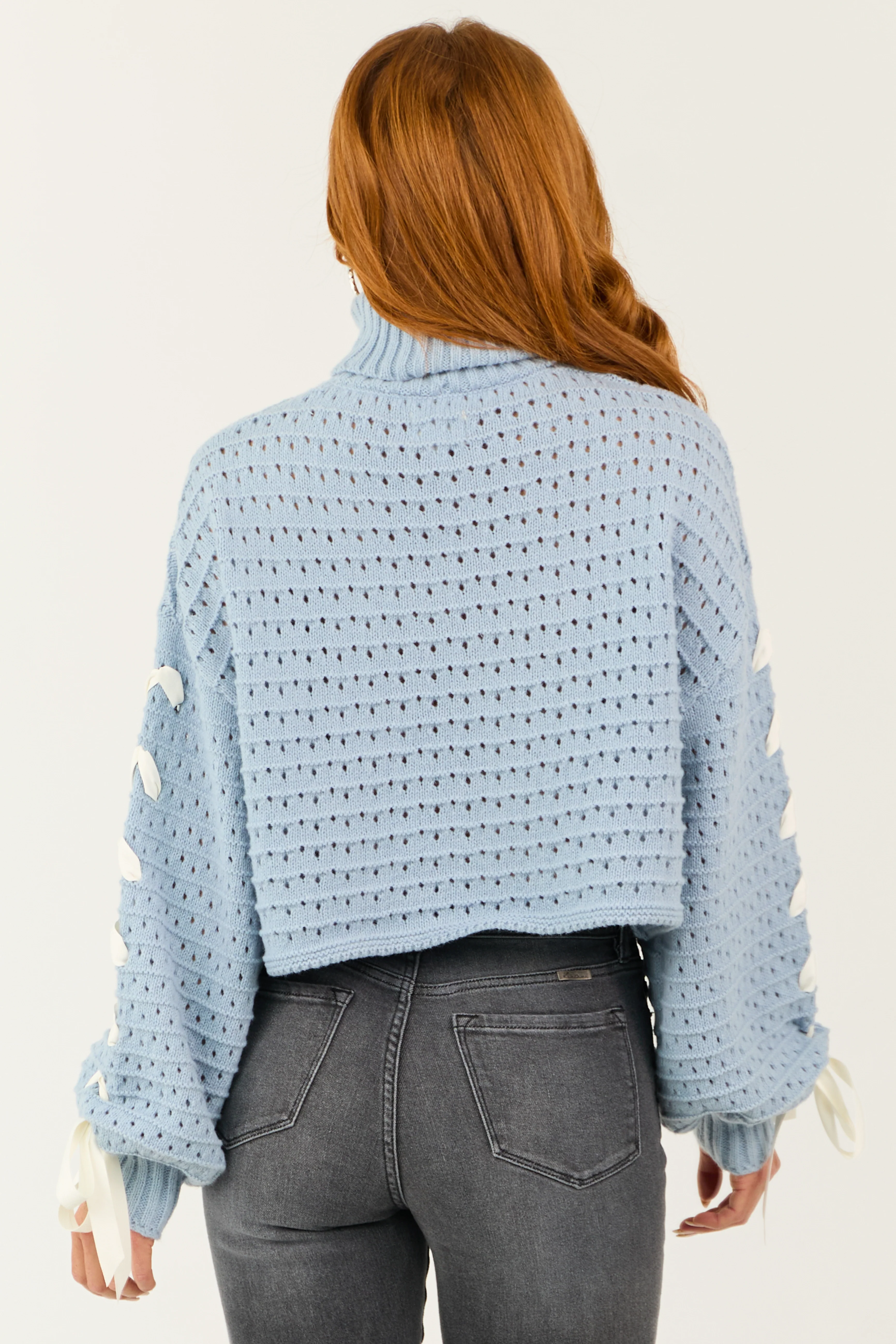 Powder Blue Bow Detail Pointelle Knit Crop Sweater - Image 5