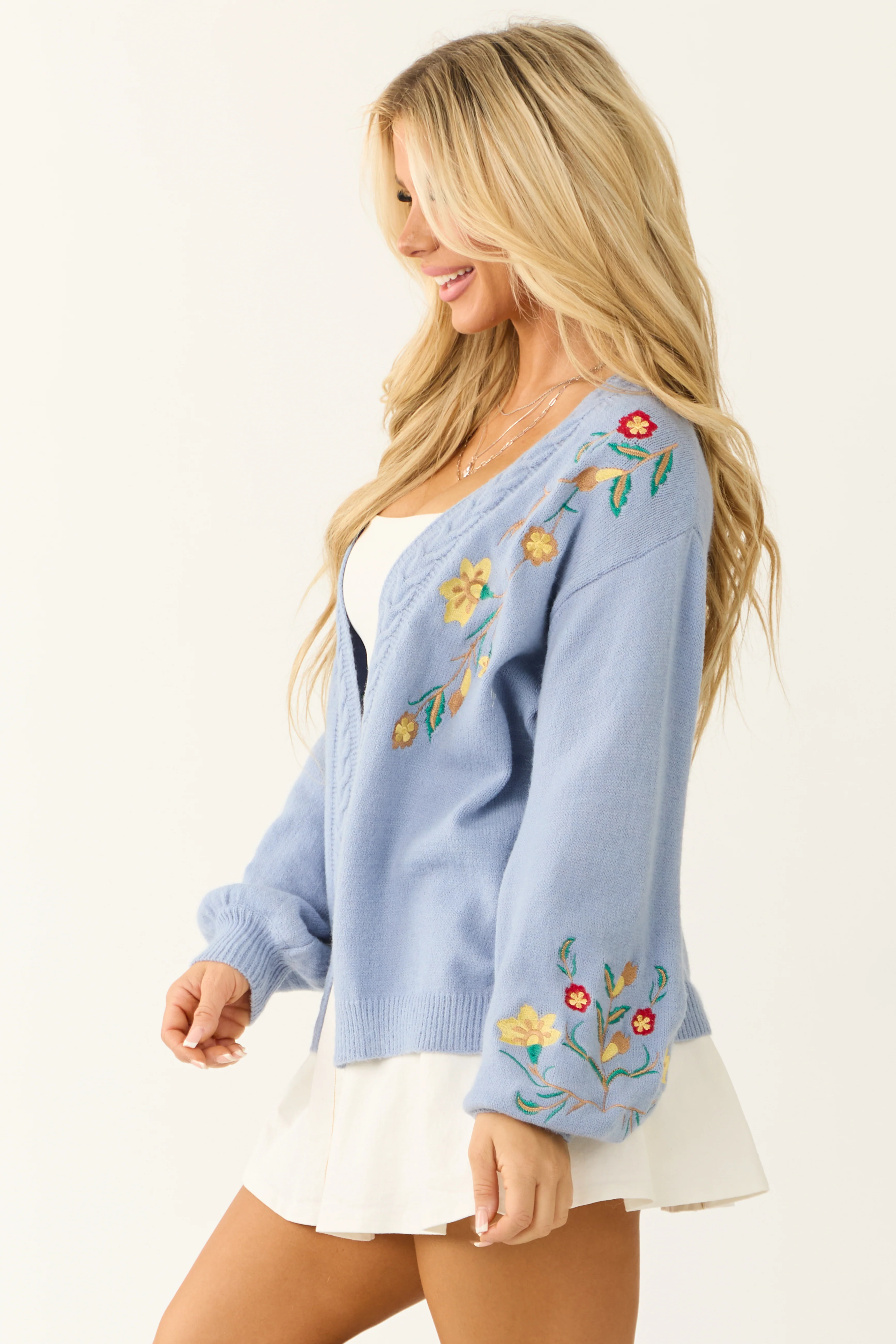 Powder Blue Floral Embroidered Knit Cardigan - Image 5
