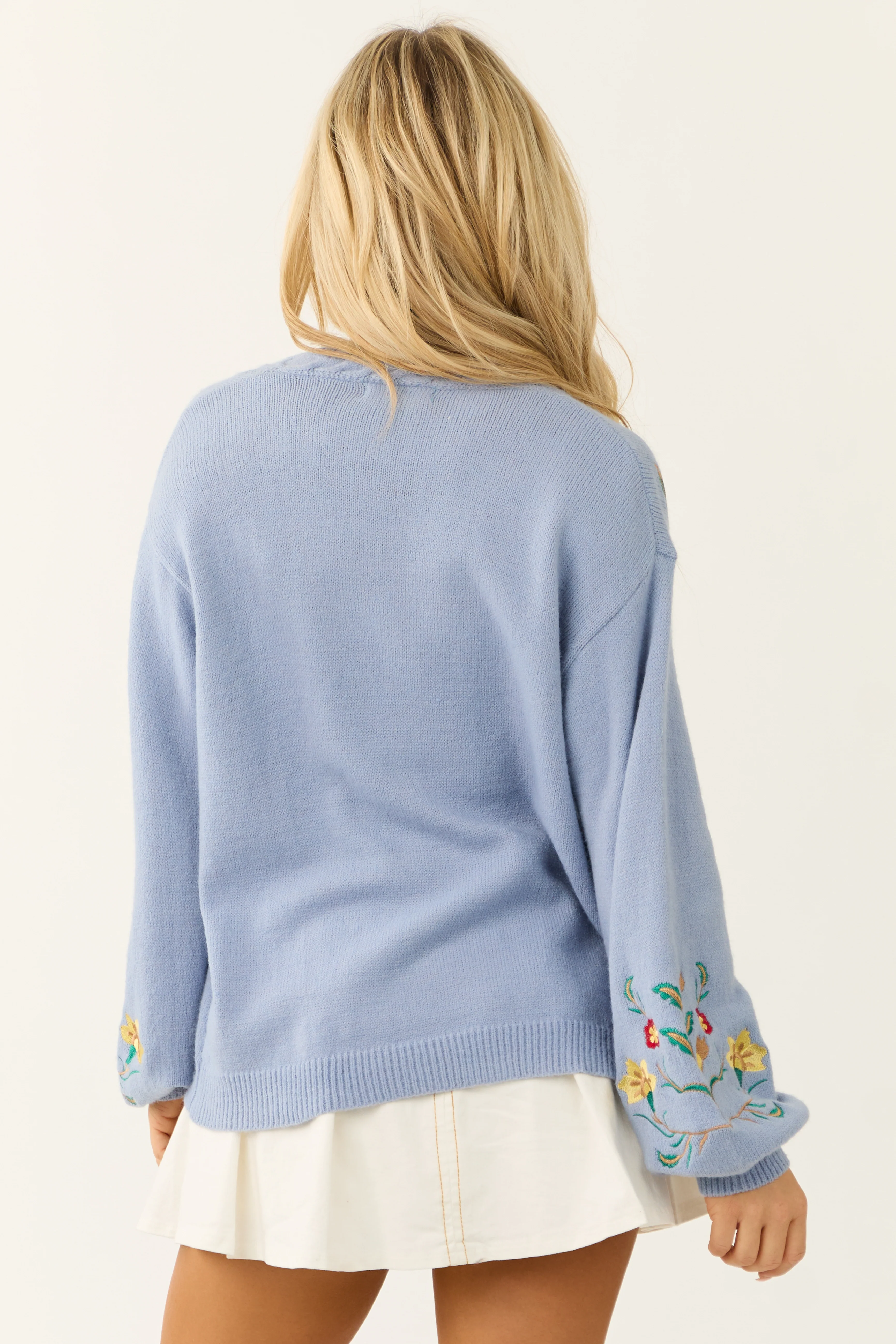 Powder Blue Floral Embroidered Knit Cardigan - Image 6