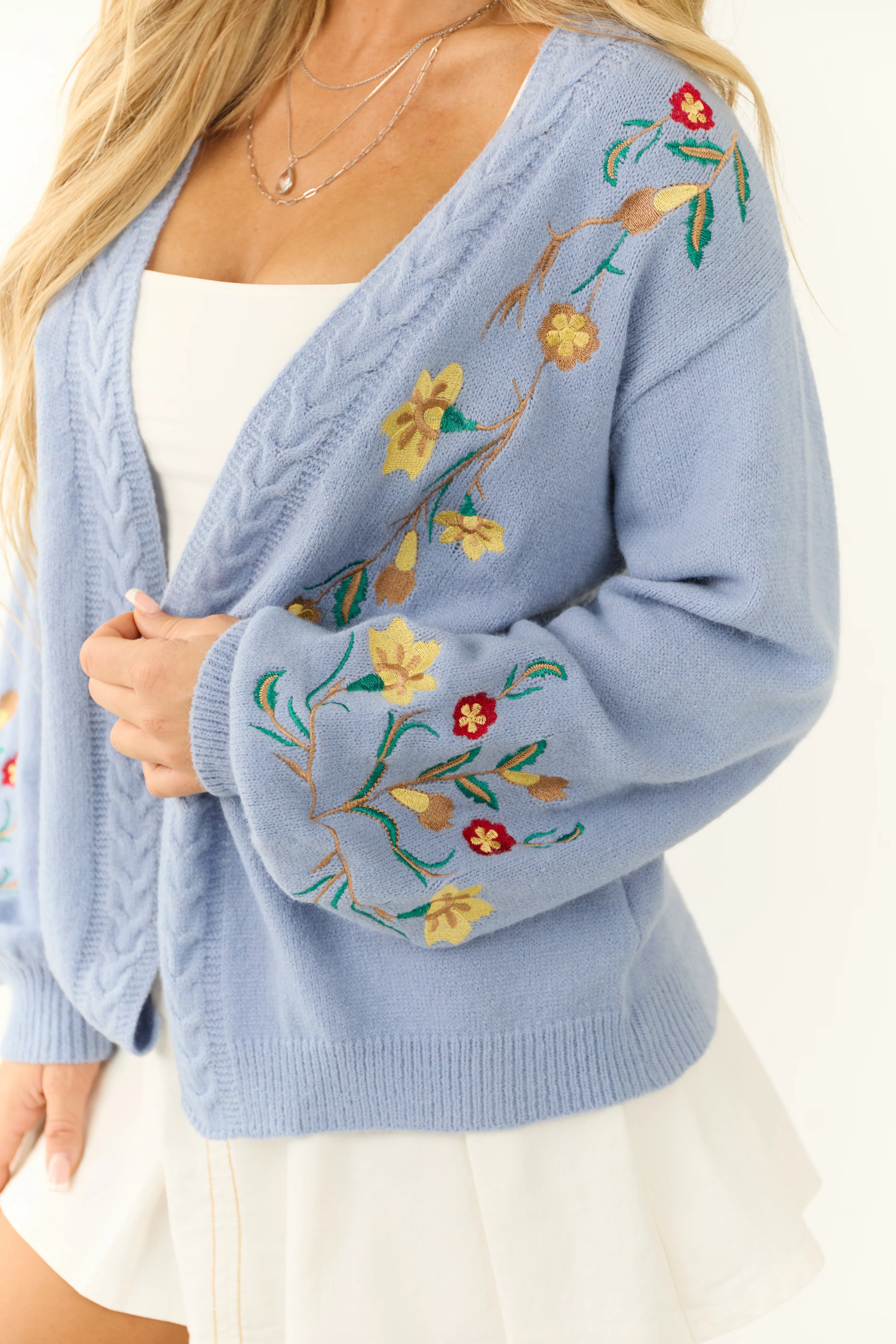 Powder Blue Floral Embroidered Knit Cardigan - Image 7