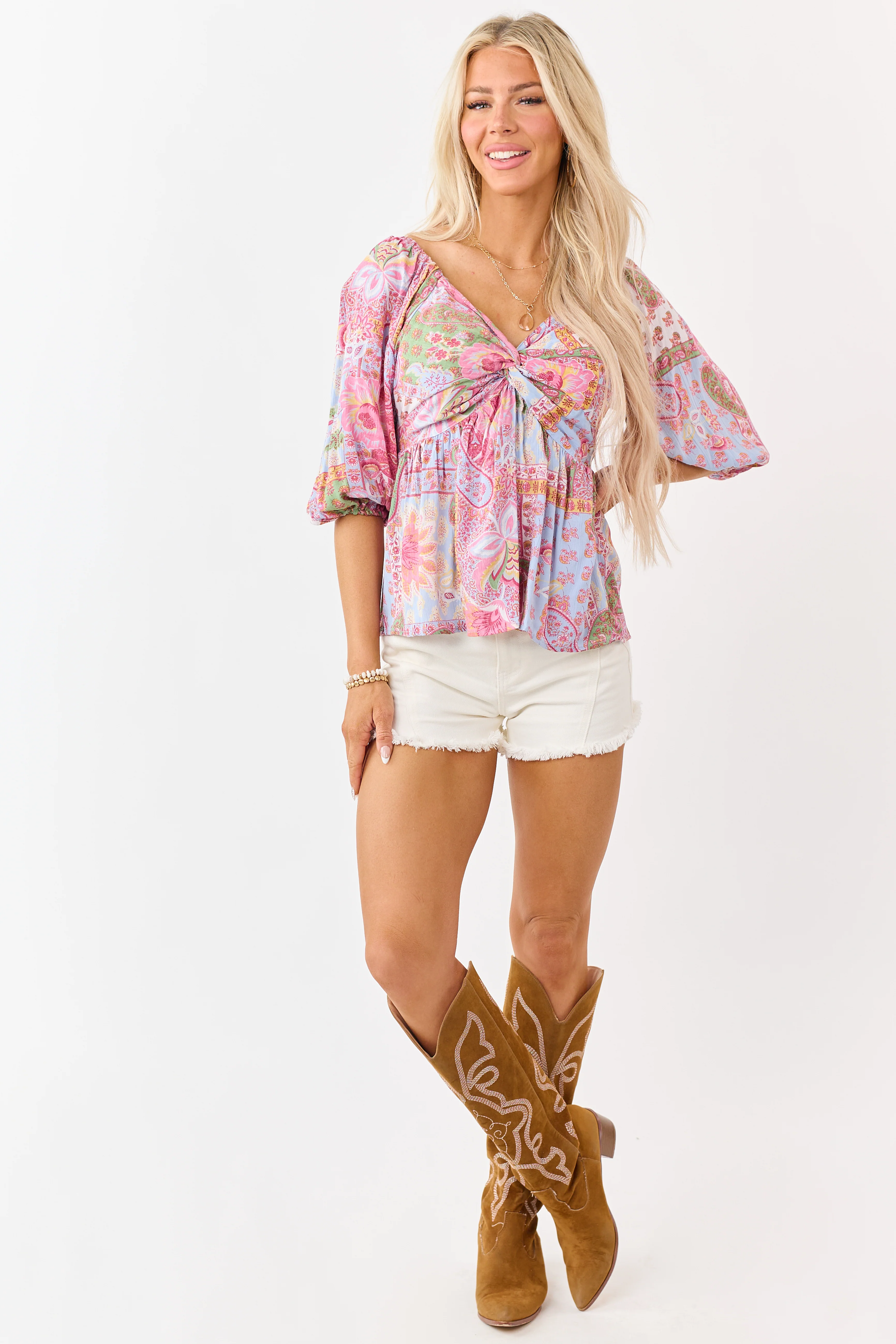 Powder Blue Patchwork Paisley Twist Babydoll Top - Image 3