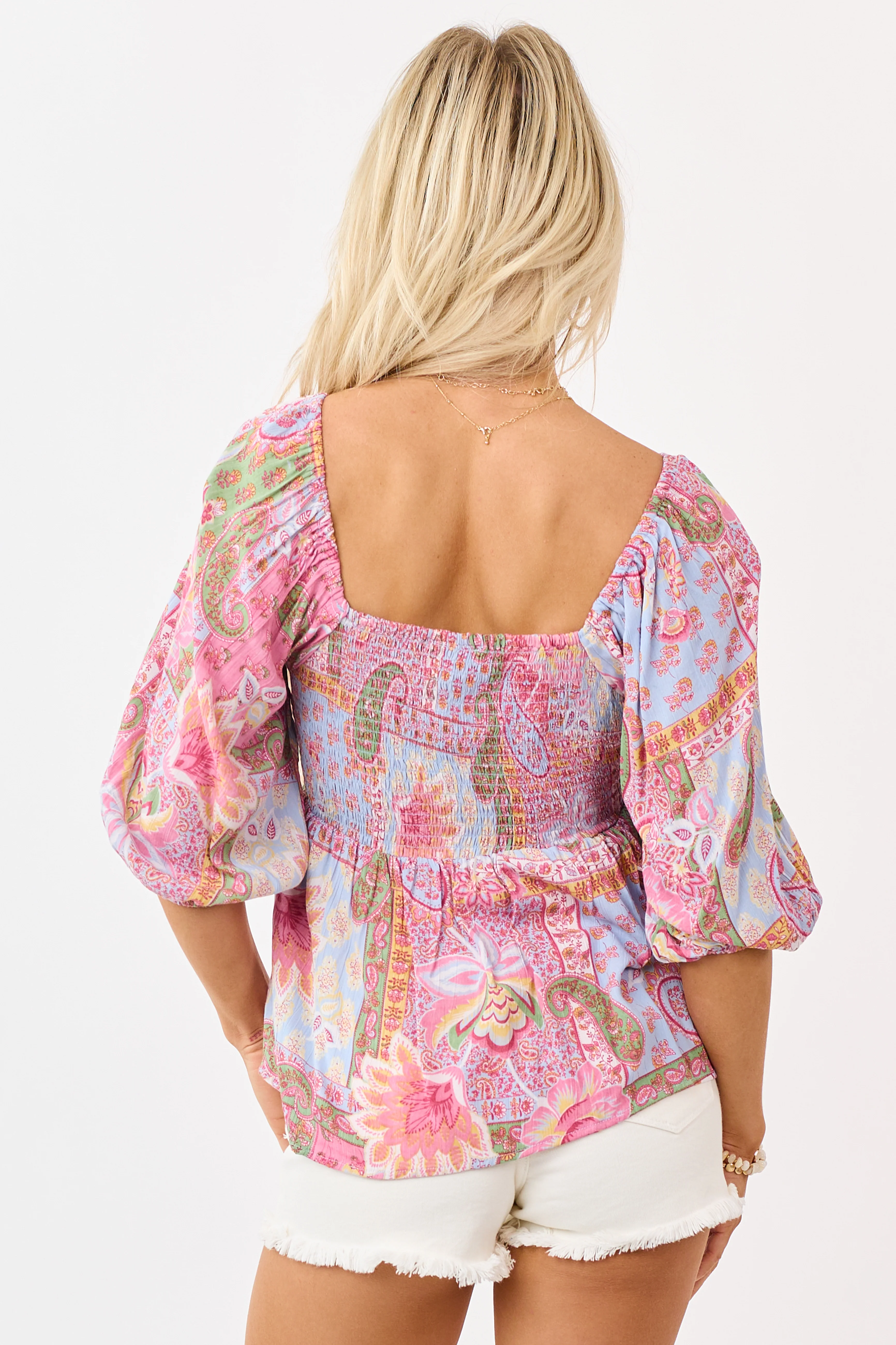Powder Blue Patchwork Paisley Twist Babydoll Top - Image 7