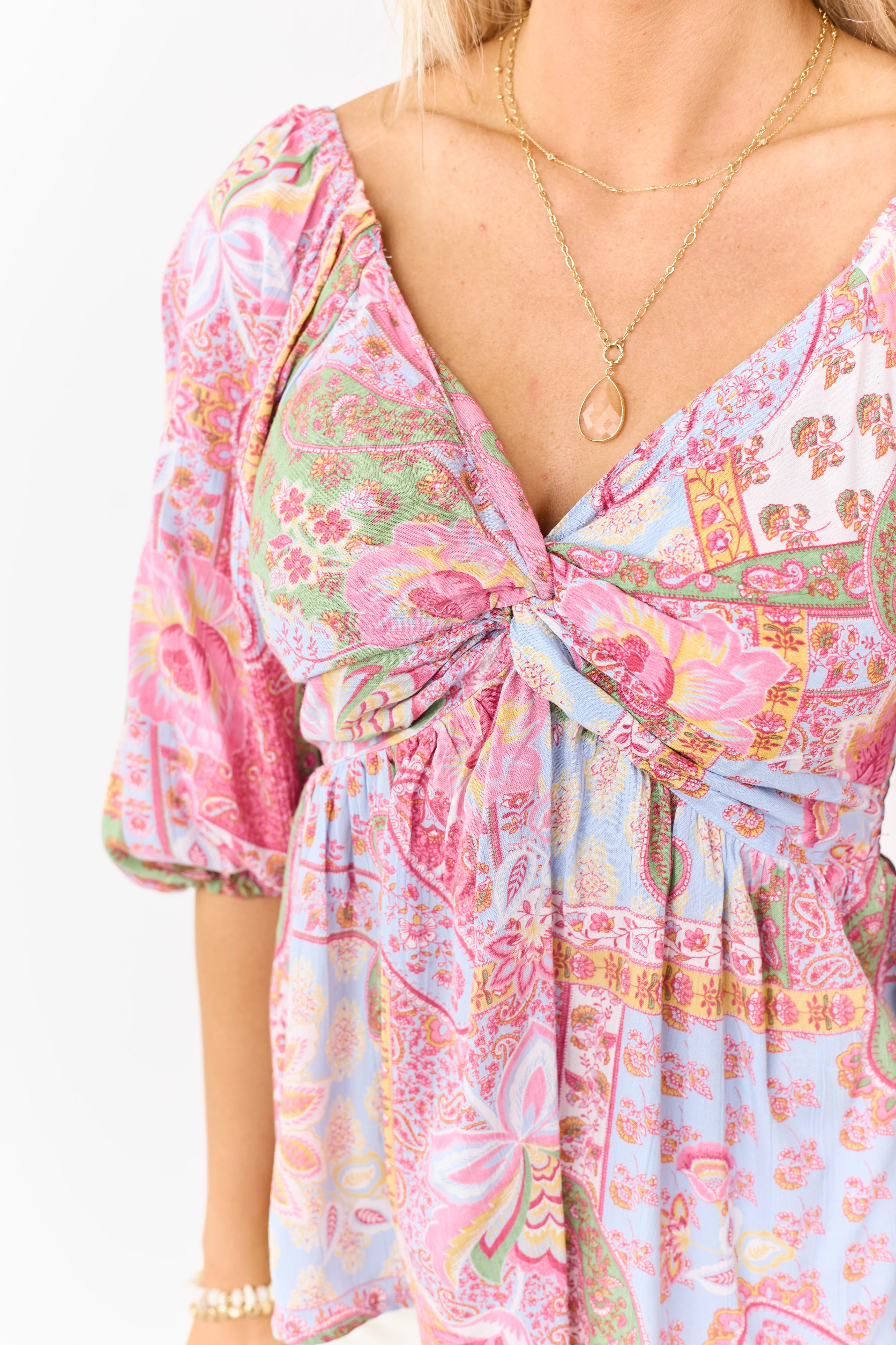 Powder Blue Patchwork Paisley Twist Babydoll Top - Image 8