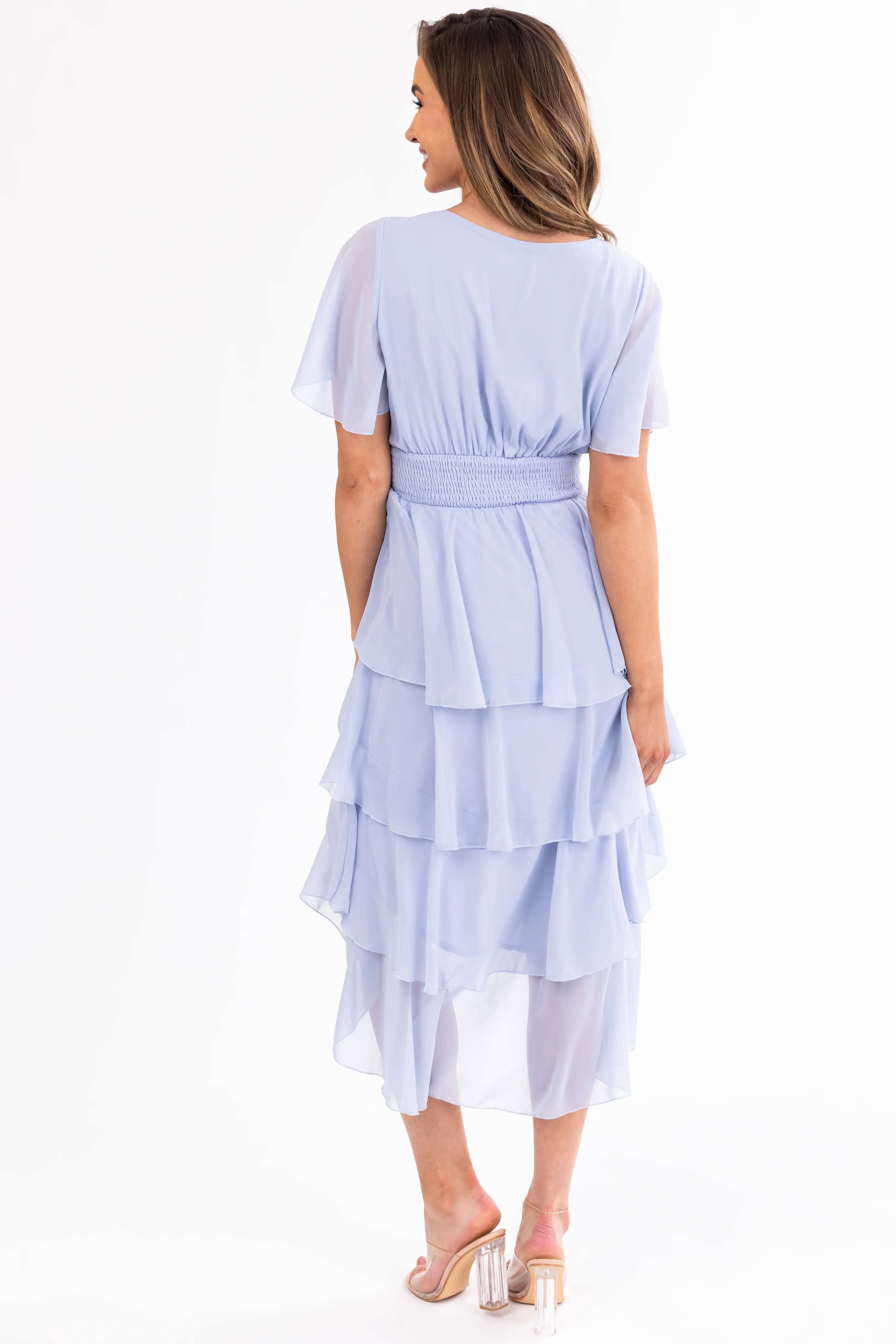 Powder Blue Ruffle High Low Midi Dress - Image 6