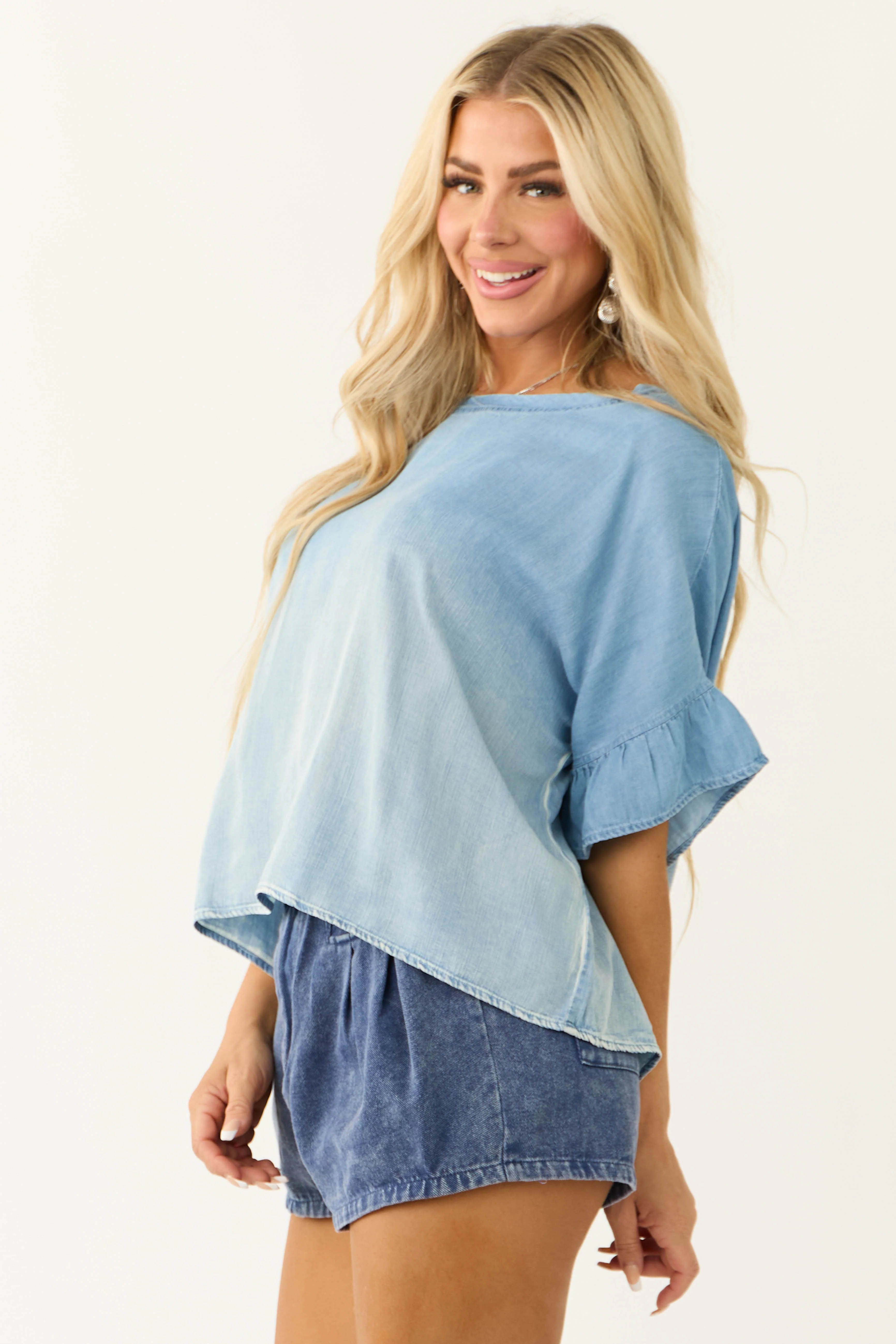 Powder Blue Washed Chambray Half Sleeve Top - Image 5