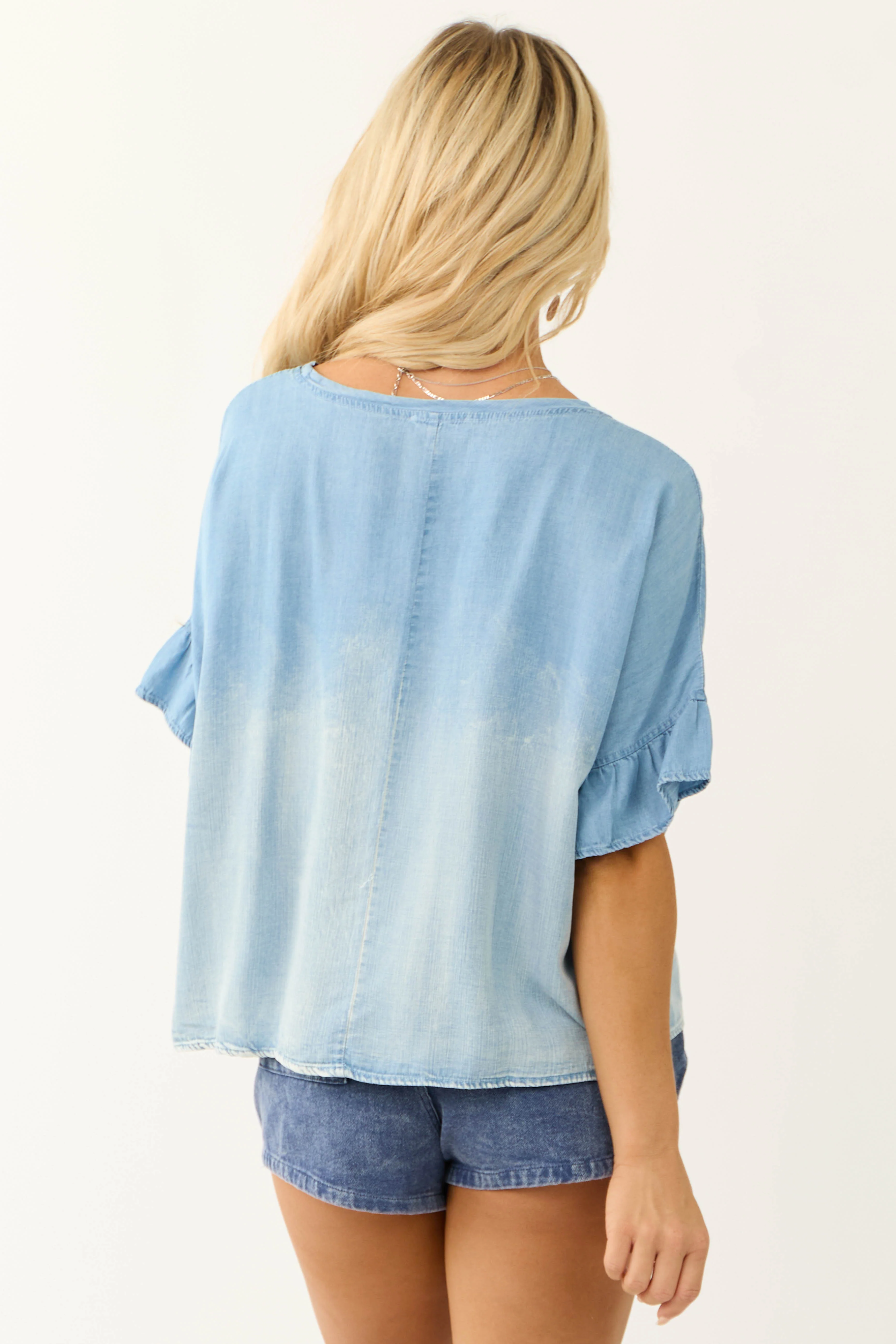 Powder Blue Washed Chambray Half Sleeve Top - Image 6