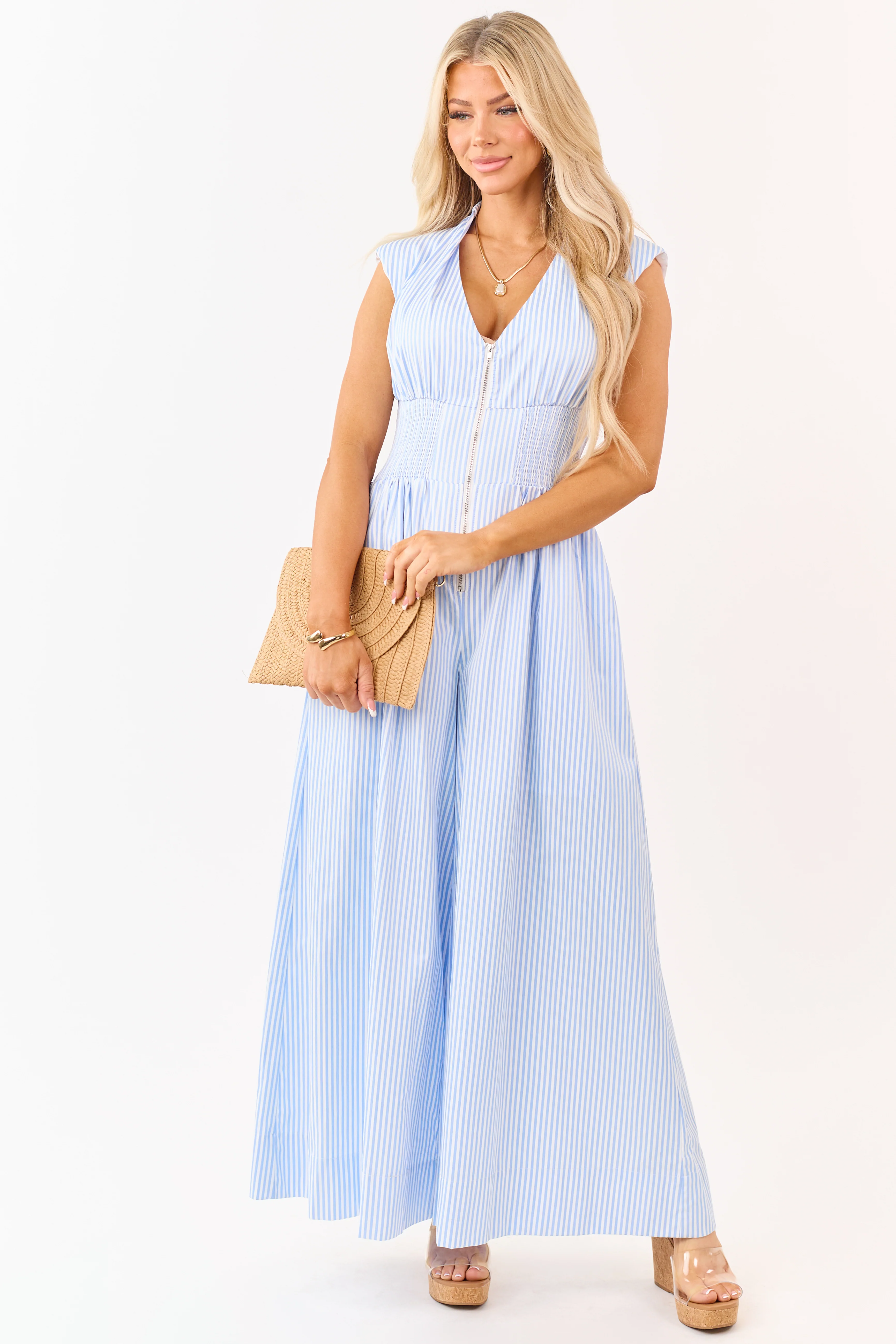 Powder Blue and White Striped Smocked Waist Jumpsuit - Image 2
