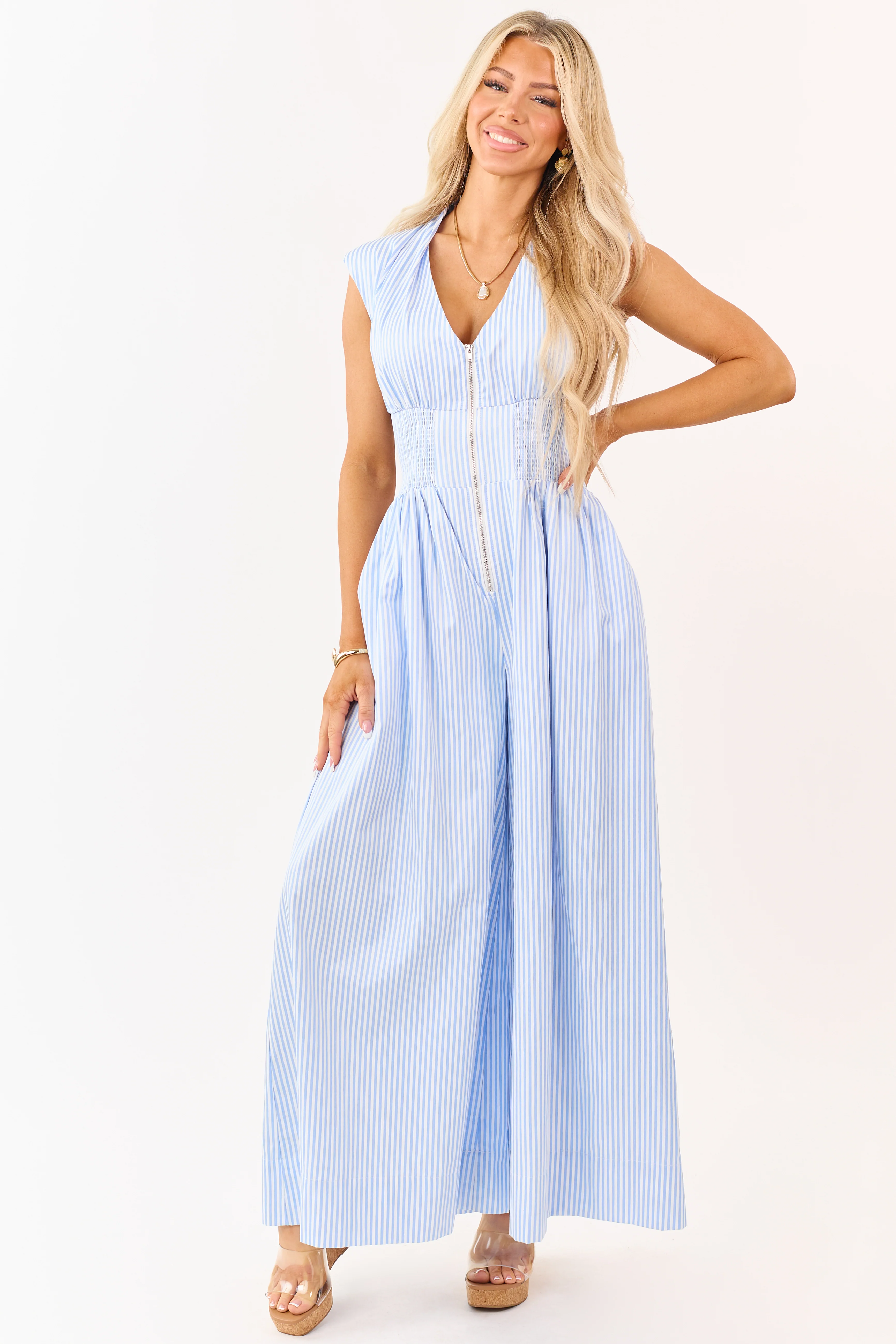 Powder Blue and White Striped Smocked Waist Jumpsuit - Image 3